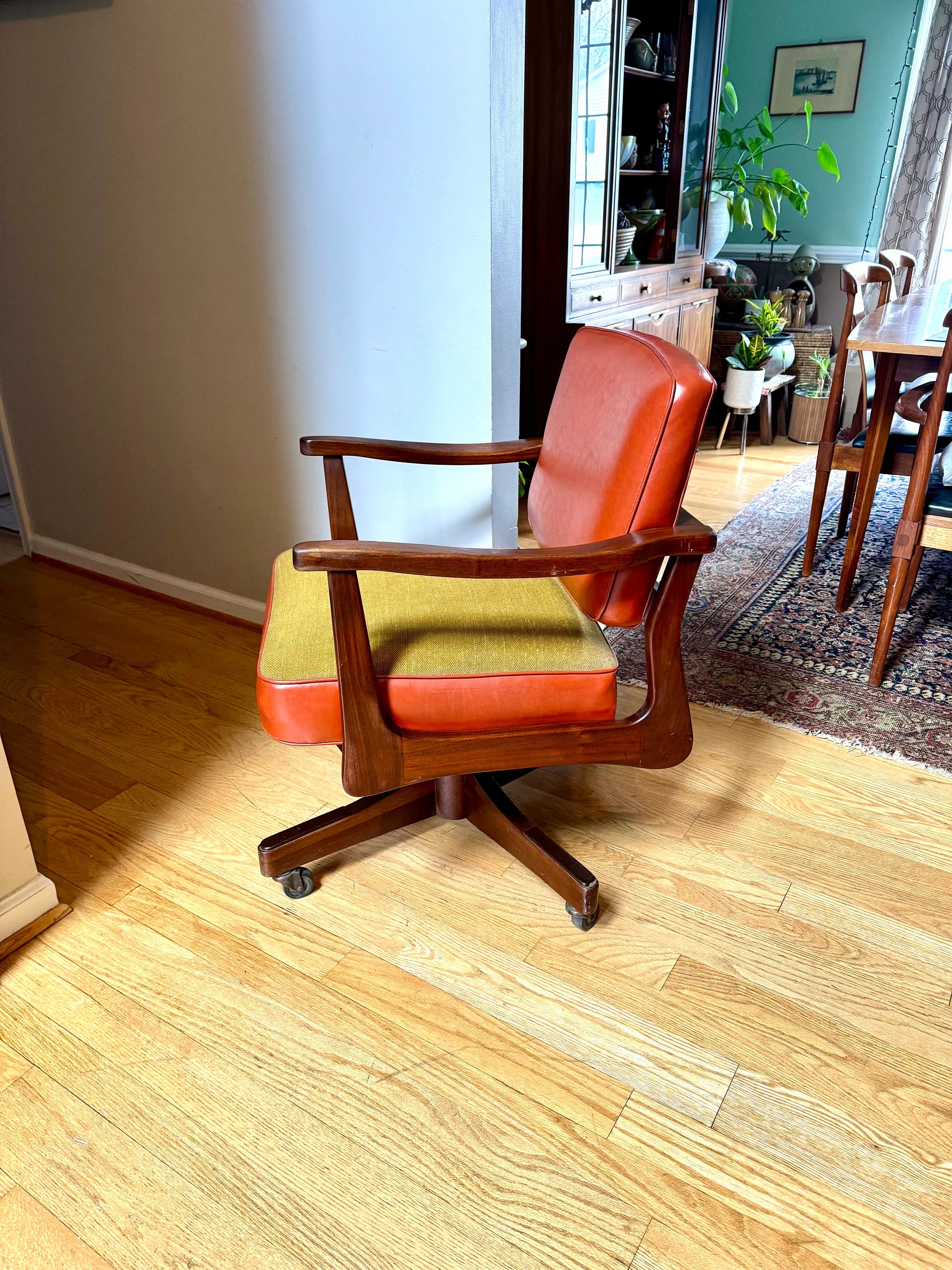 MCM Swivel Rolling Chair | Alma Desk Company Chair | MCM Orange Vinyl Desk Chair | Wood and Vinyl Modern Office Chair