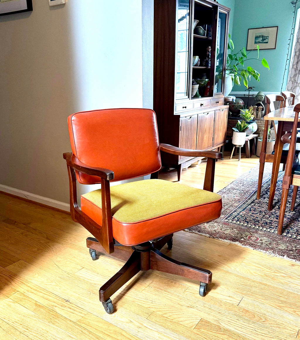 MCM Swivel Rolling Chair | Alma Desk Company Chair | MCM Orange Vinyl Desk Chair | Wood and Vinyl Modern Office Chair