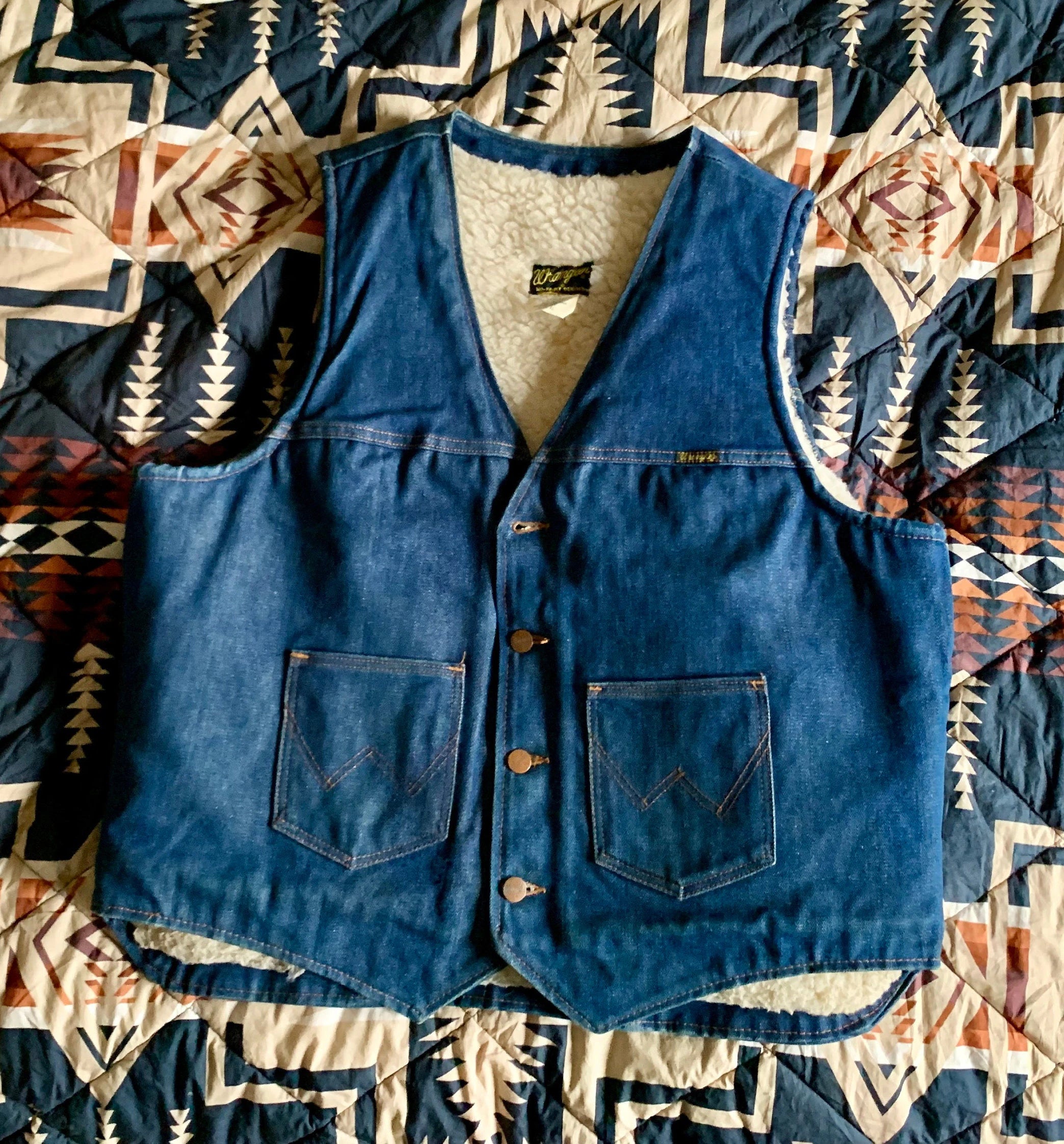 1970s Denim Vest | Wrangler Denim Vest | Sherpa Lined Wrangler Jean Vest | XL Wrangler VL200NV Vest | Denim Jean Vest | Western Jean Vest