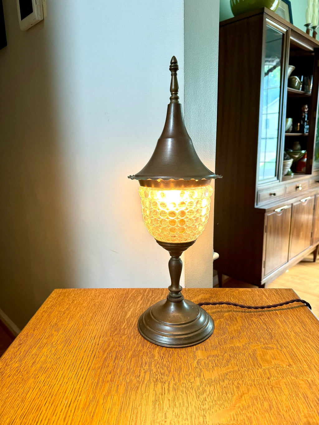 Vtg Brass Lantern Lamp | Distressed Brass Glass Globe Lamp | Rewired Distressed Lamp | Boho Brass Lamp