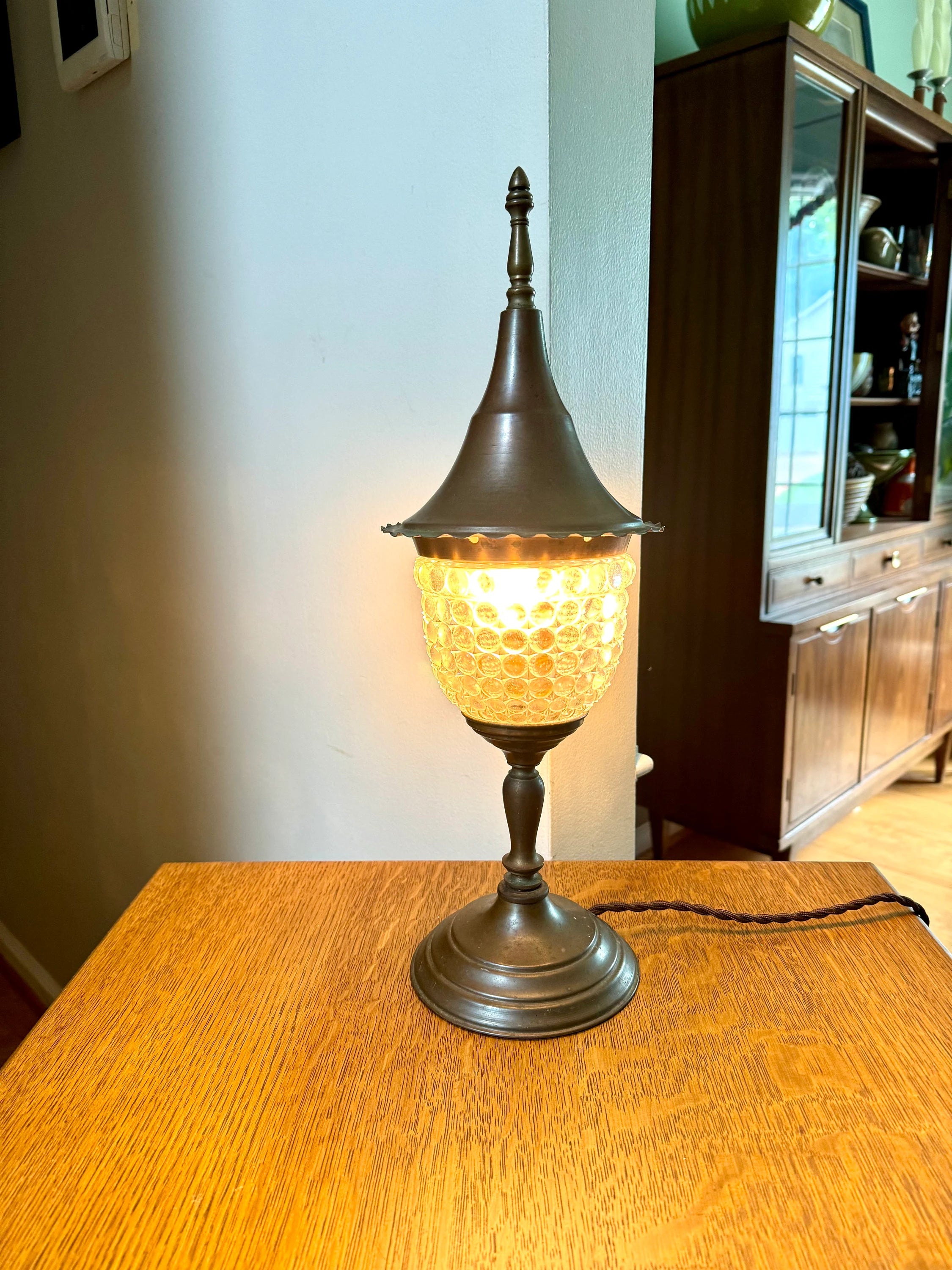 Vtg Brass Lantern Lamp | Distressed Brass Glass Globe Lamp | Rewired Distressed Lamp | Boho Brass Lamp