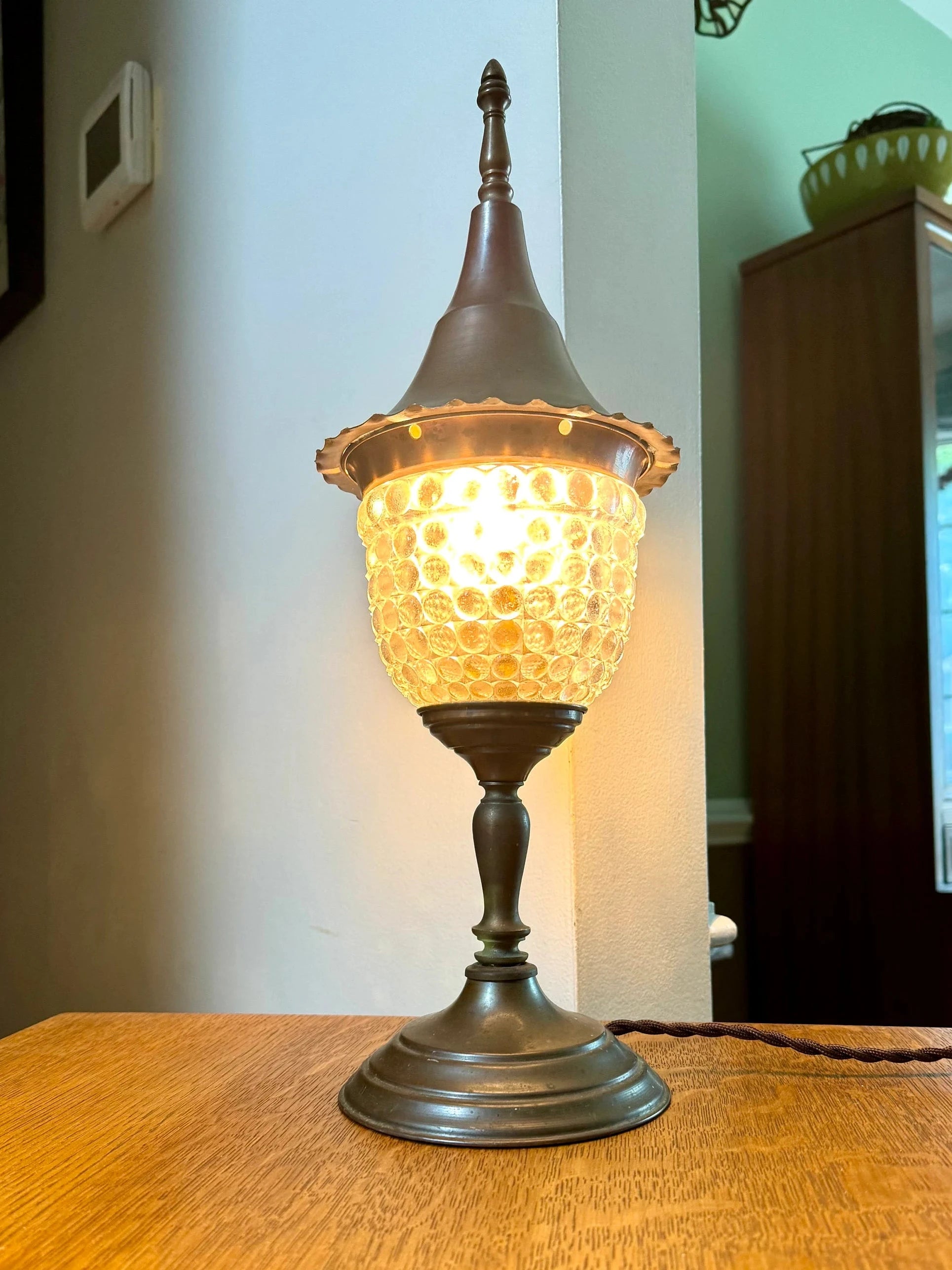 Vtg Brass Lantern Lamp | Distressed Brass Glass Globe Lamp | Rewired Distressed Lamp | Boho Brass Lamp