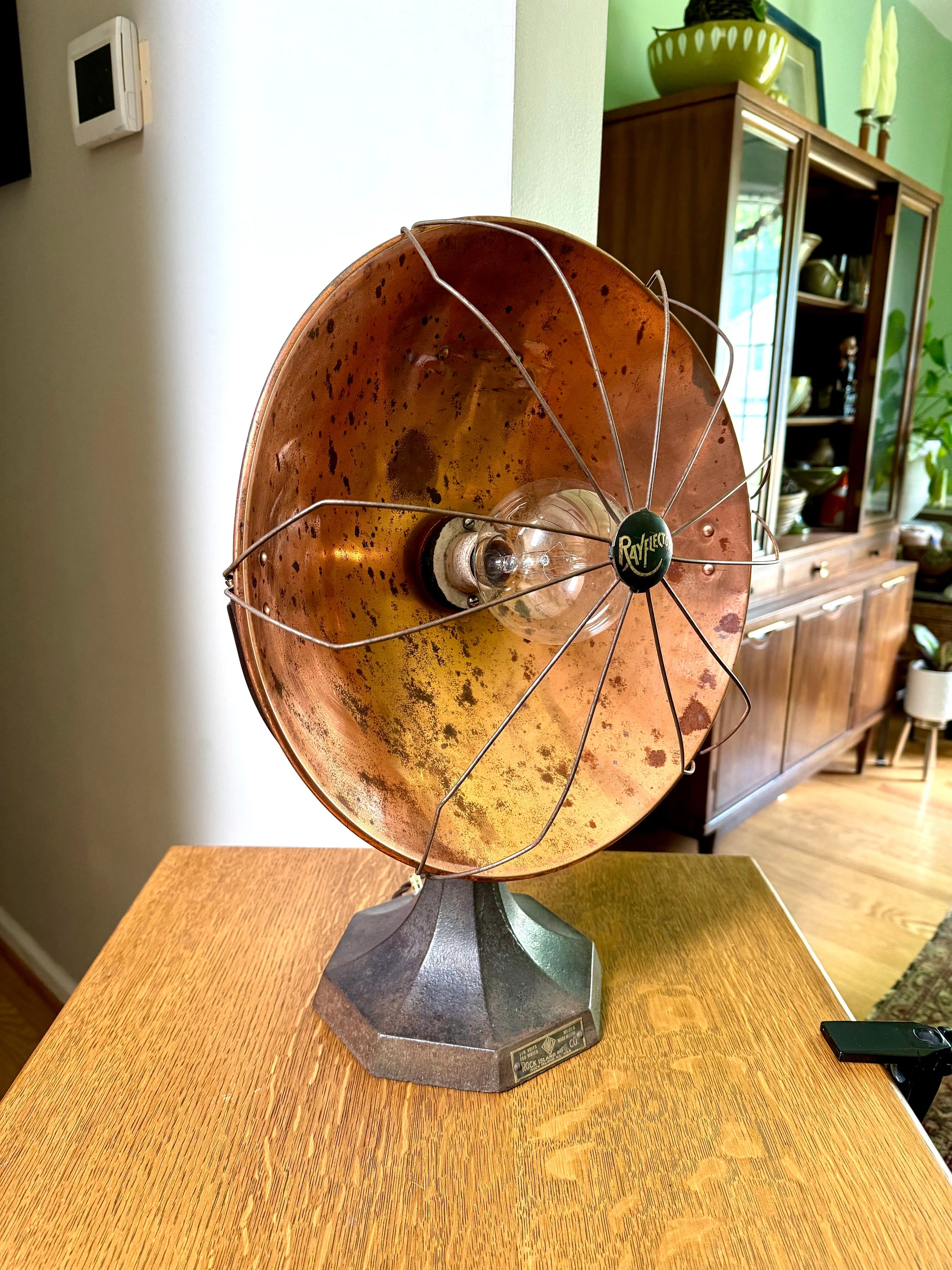 Vtg Rayflector Heater Lamp | Vtg Copper Space Heater Upcycled To Light | Rock Island Rustic Lamp | Rimco Accent Lamp