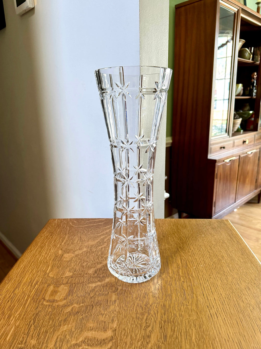 Vtg Tall Cut Glass Vase | Starburst Cut Crystal Vase | Floral Cut Glass Vase | 15" Tall Large MCM Glass Vase