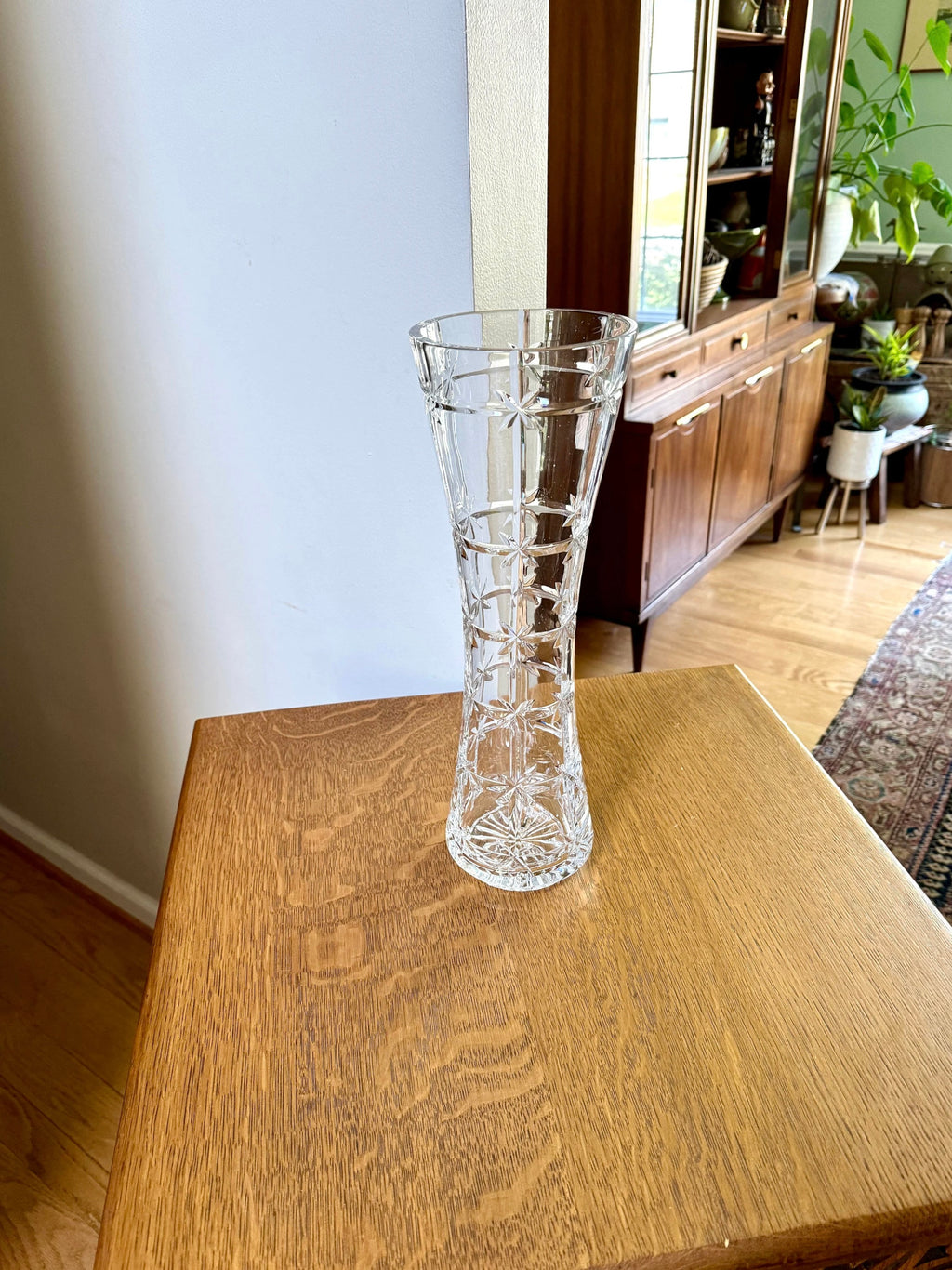 Vtg Tall Cut Glass Vase | Starburst Cut Crystal Vase | Floral Cut Glass Vase | 15" Tall Large MCM Glass Vase