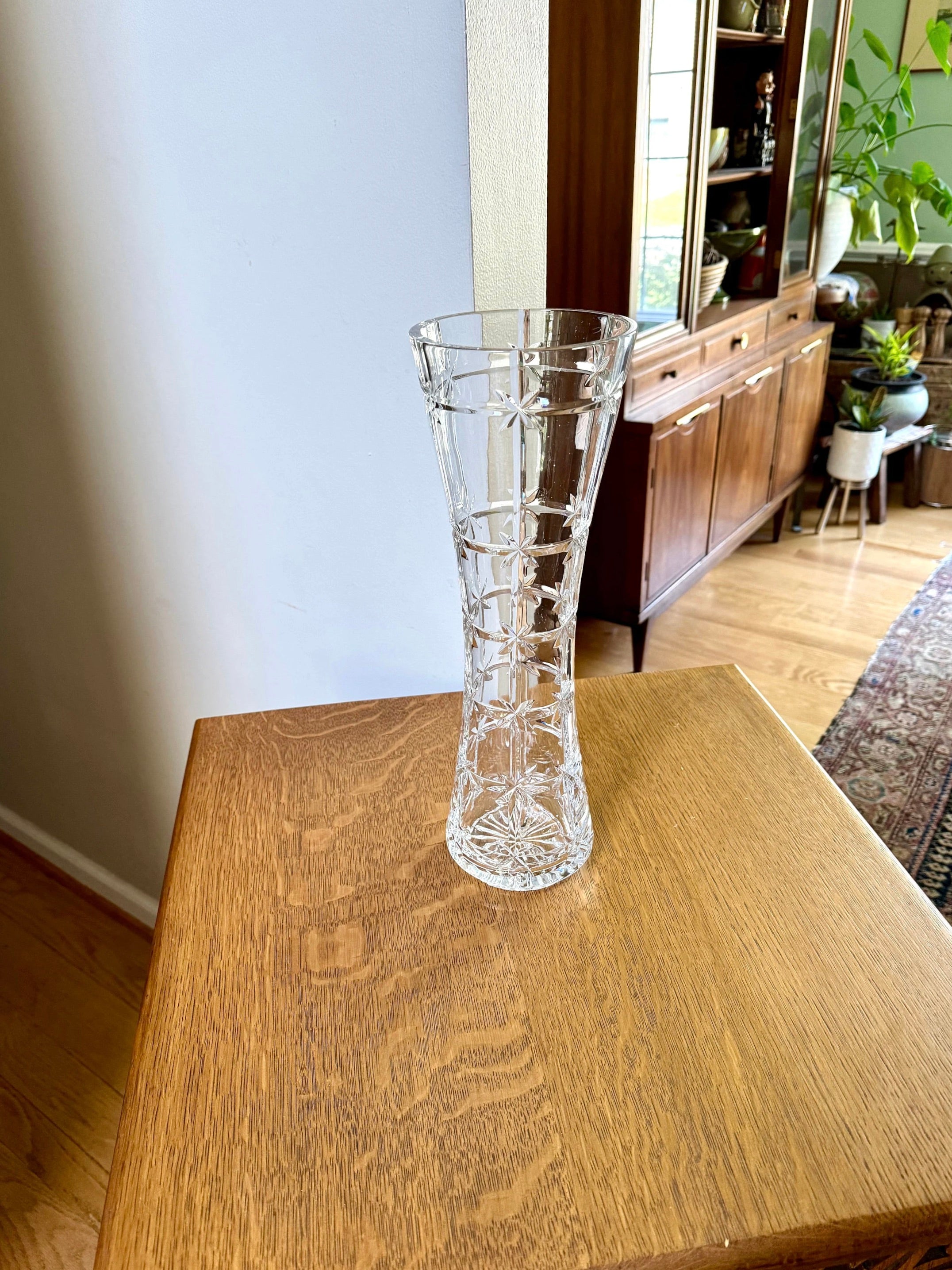 Vtg Tall Cut Glass Vase | Starburst Cut Crystal Vase | Floral Cut Glass Vase | 15" Tall Large MCM Glass Vase
