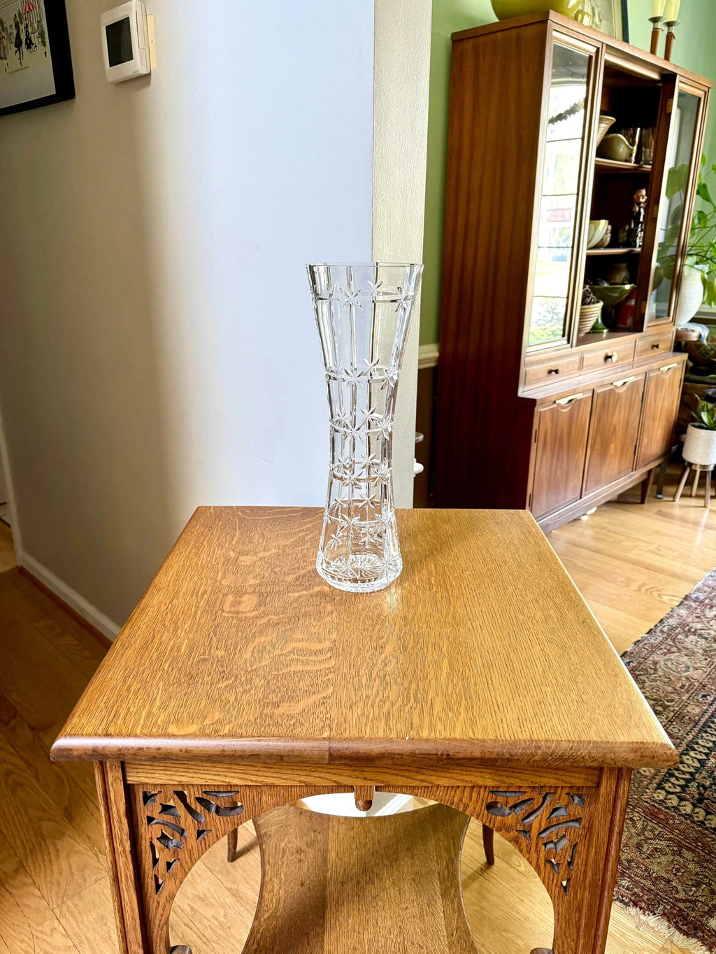 Vtg Tall Cut Glass Vase | Starburst Cut Crystal Vase | Floral Cut Glass Vase | 15" Tall Large MCM Glass Vase