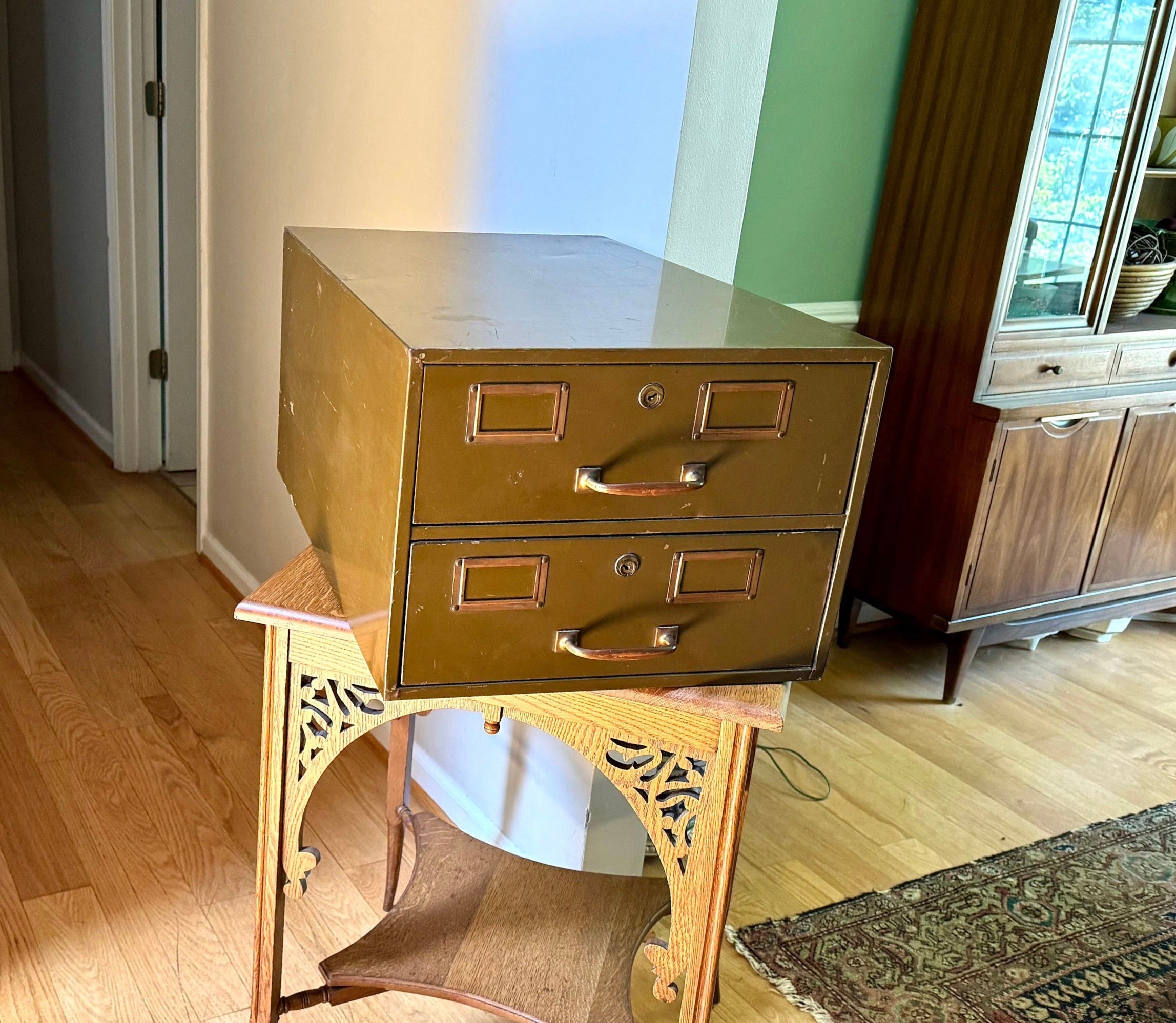 Vintage Rustic Large Industrial Filing Cabinet | Green Metal Index Card Cabinet | Two Drawer Storage | Industrial Storage Bin | File Cabinet