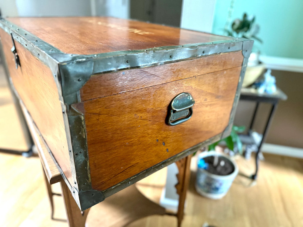 Vintage Large Wood Trunk With Wooden Trays | Wood and Brass Storage Trunk | Wooden Officers Mess Chest | Military Footlocker with Brass Hardware