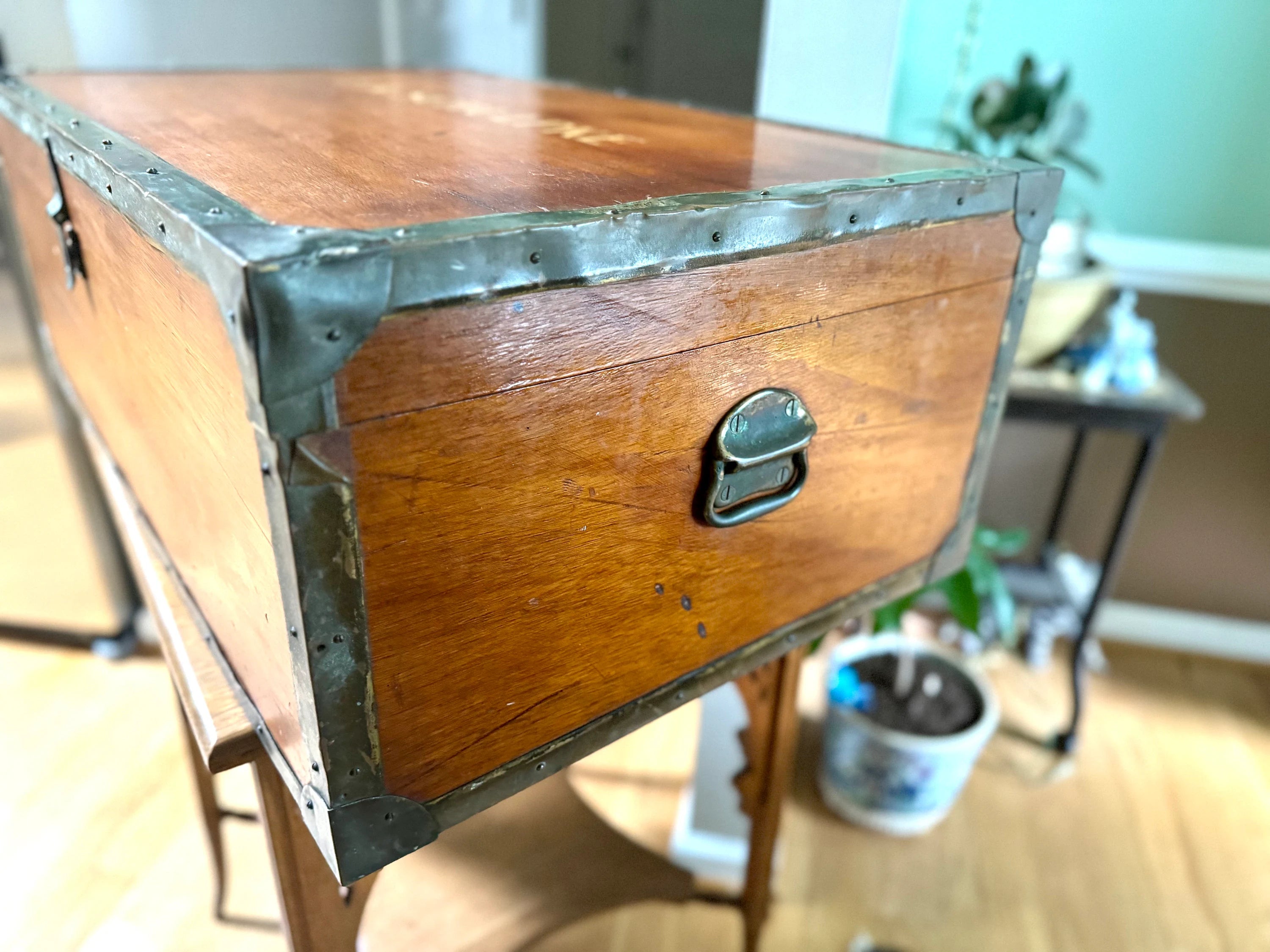 Vintage Large Wood Trunk With Wooden Trays | Wood and Brass Storage Trunk | Wooden Officers Mess Chest | Military Footlocker with Brass Hardware