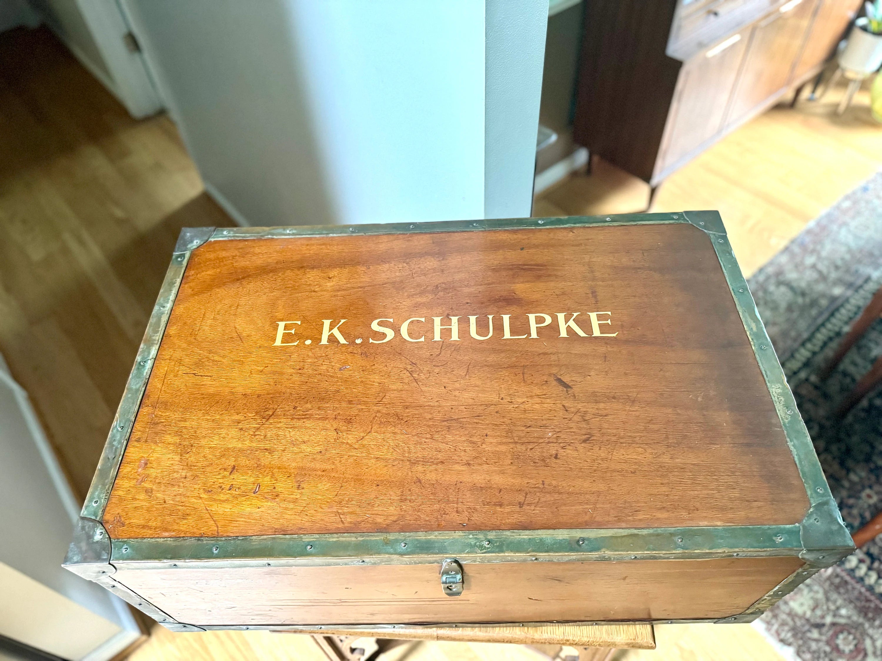 Vintage Large Wood Trunk With Wooden Trays | Wood and Brass Storage Trunk | Wooden Officers Mess Chest | Military Footlocker with Brass Hardware