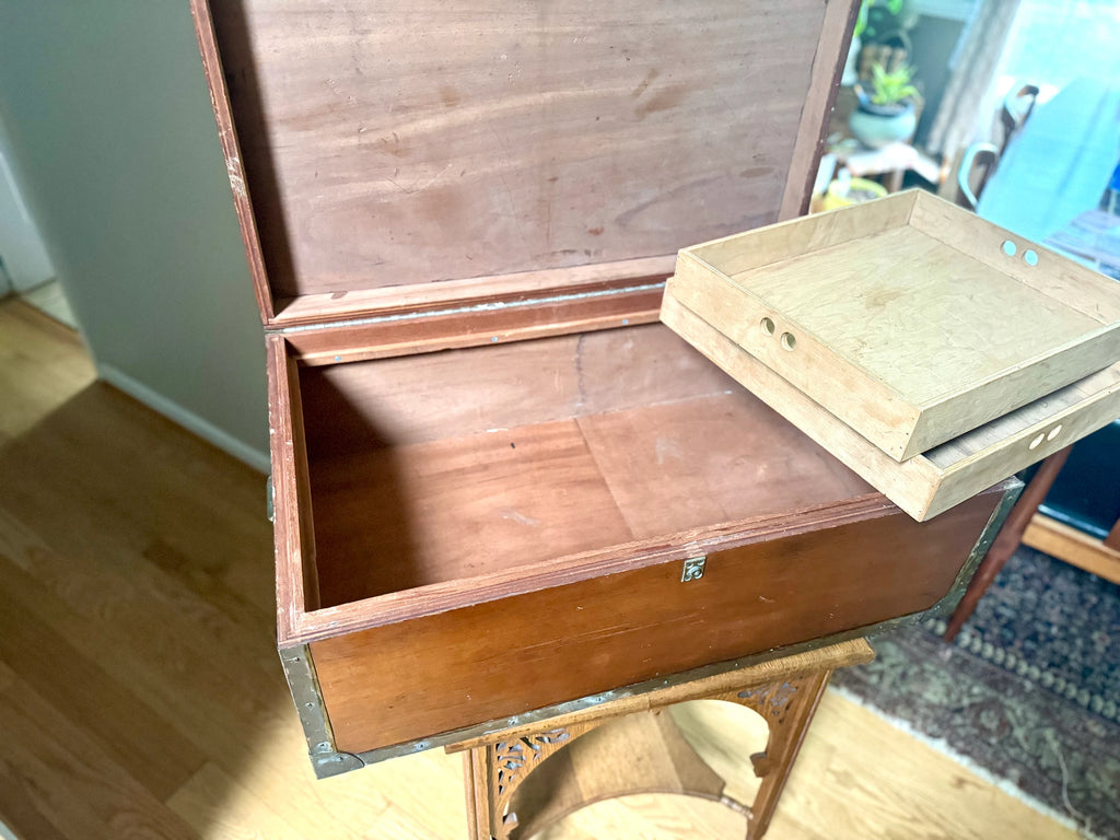Vintage Large Wood Trunk With Wooden Trays | Wood and Brass Storage Trunk | Wooden Officers Mess Chest | Military Footlocker with Brass Hardware