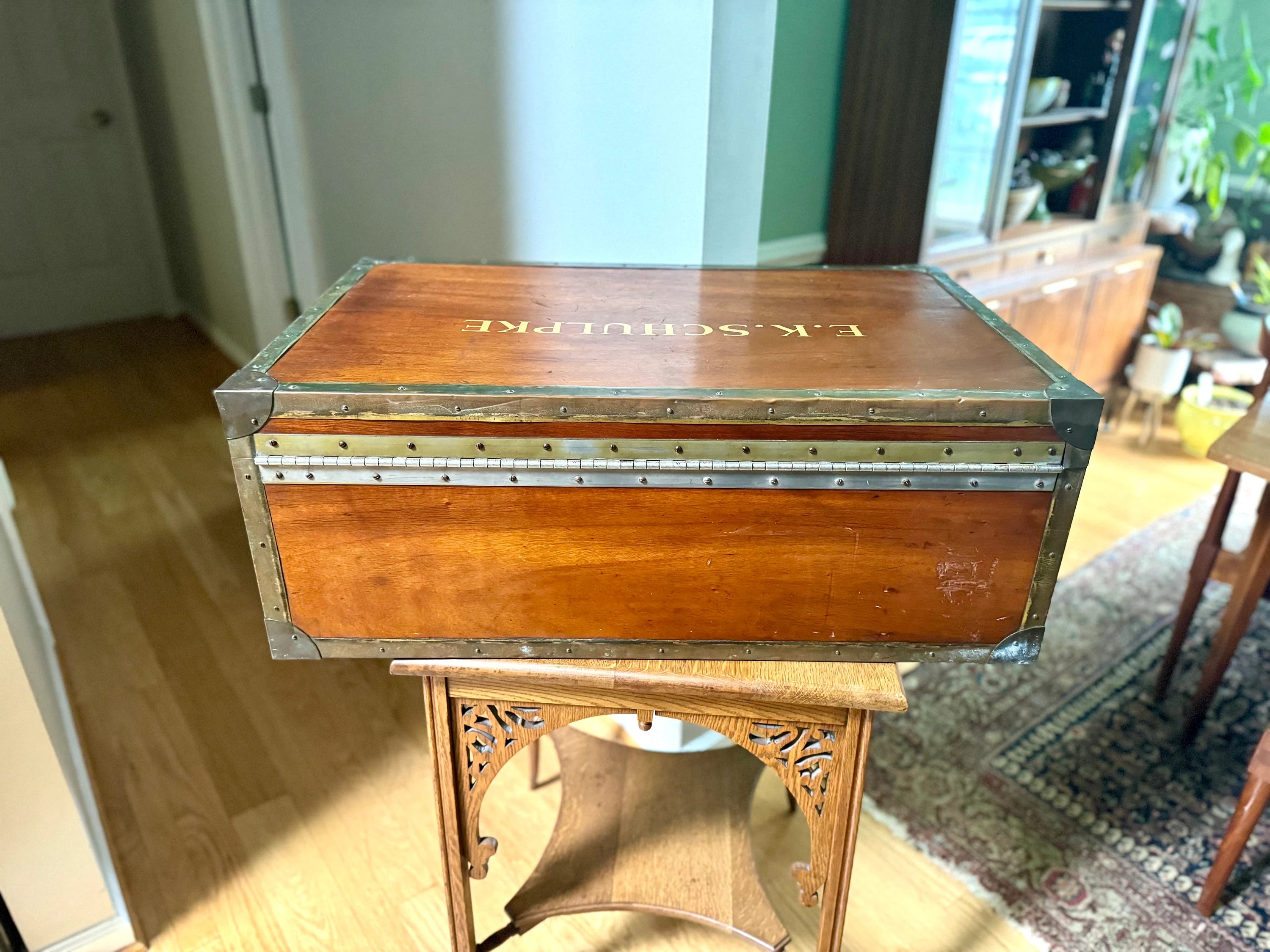 Vintage Large Wood Trunk With Wooden Trays | Wood and Brass Storage Trunk | Wooden Officers Mess Chest | Military Footlocker with Brass Hardware