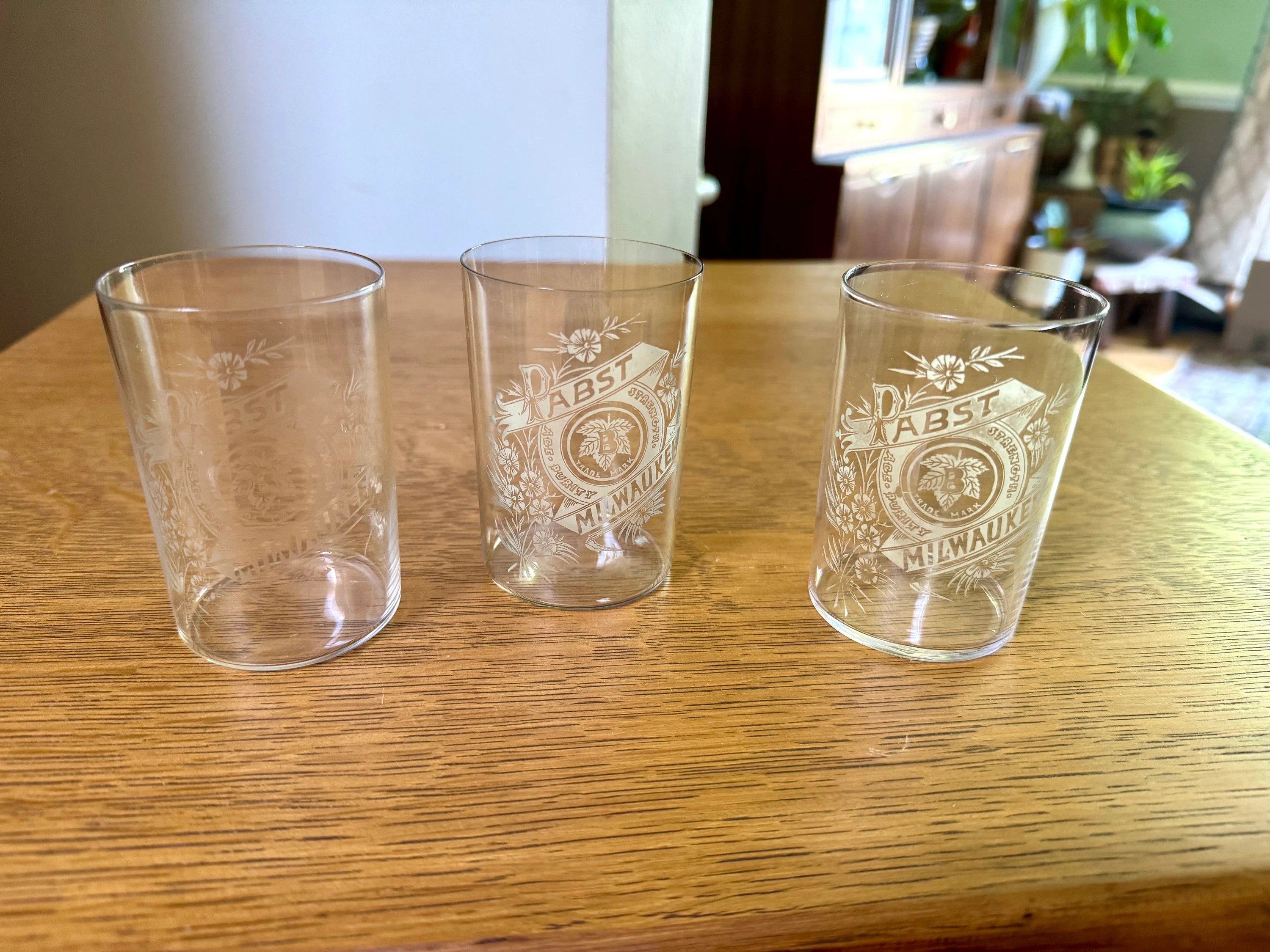 Antique 1895 Pabst Beer Etched 3 1/2" Glass | Pre-Prohibition Pabst Milwaukee Etched Drinking Glass | Thin Glass Pabst Beer Glass | 3 Avail.