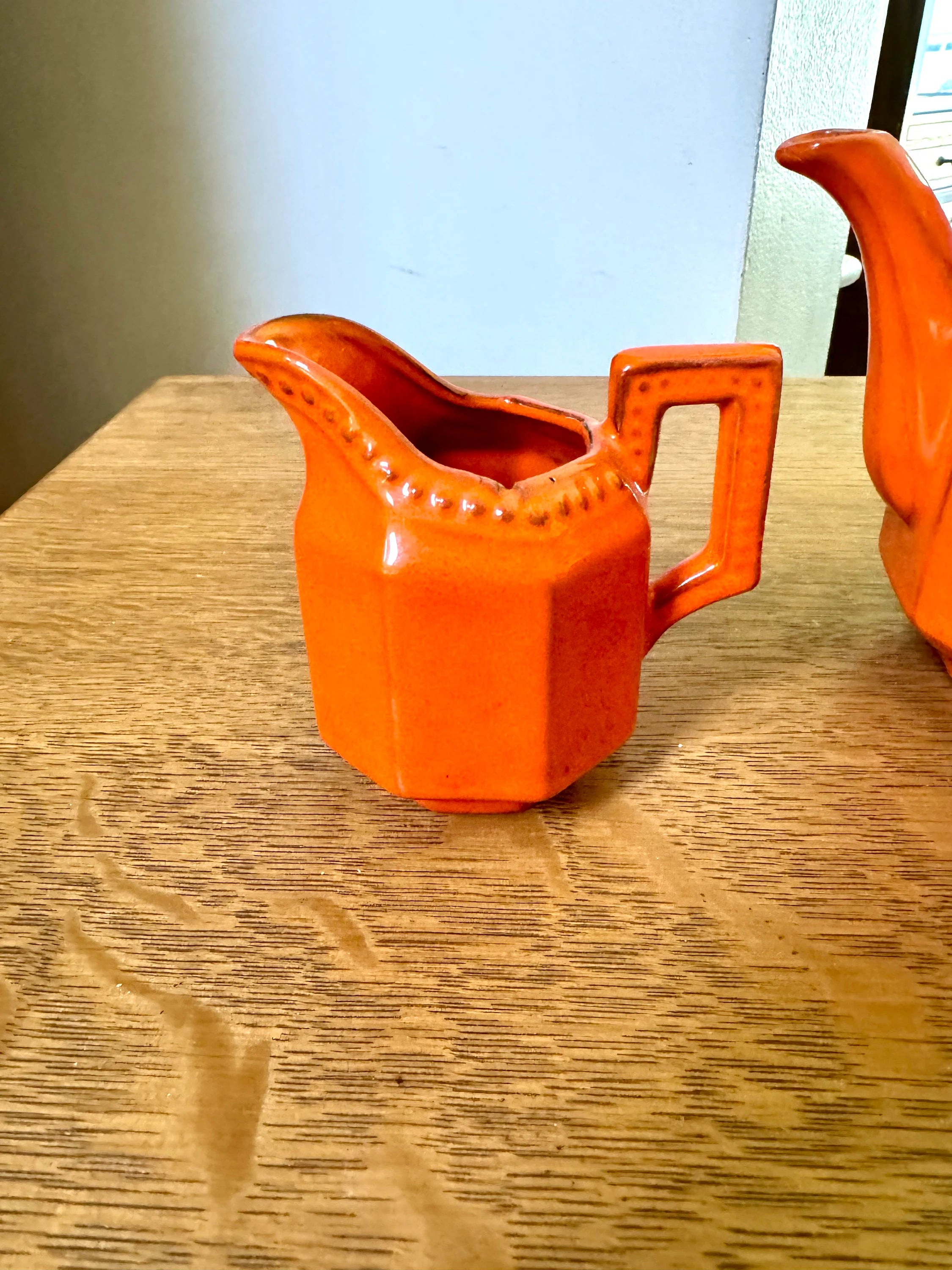 Vintage PV Italy Burnt Orange Ceramic Kettle and Creamer | Peasant Village Tea Pot and Creamer | Burnt Orange Italian Ceramic Kitchenware