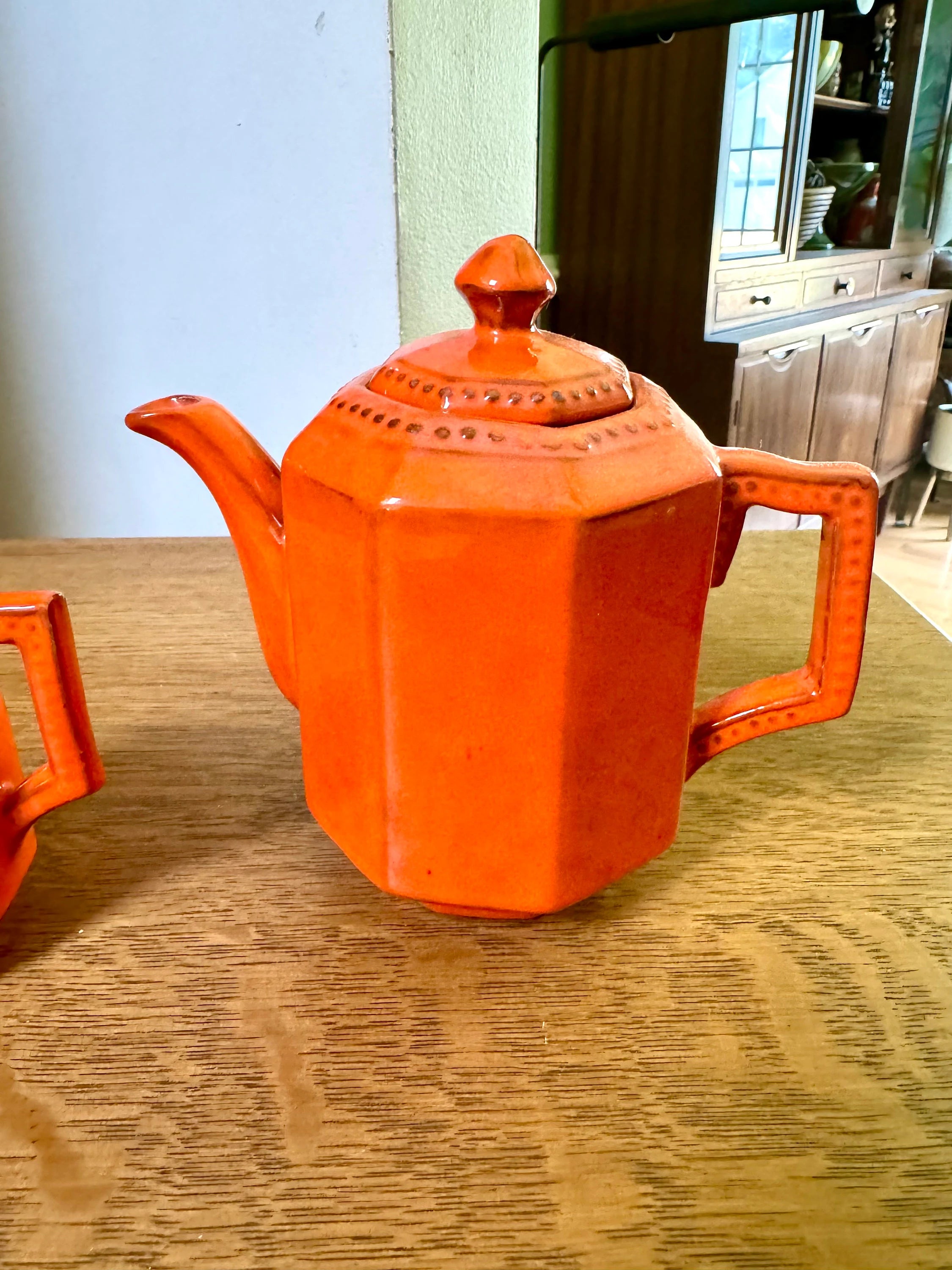 Vintage PV Italy Burnt Orange Ceramic Kettle and Creamer | Peasant Village Tea Pot and Creamer | Burnt Orange Italian Ceramic Kitchenware