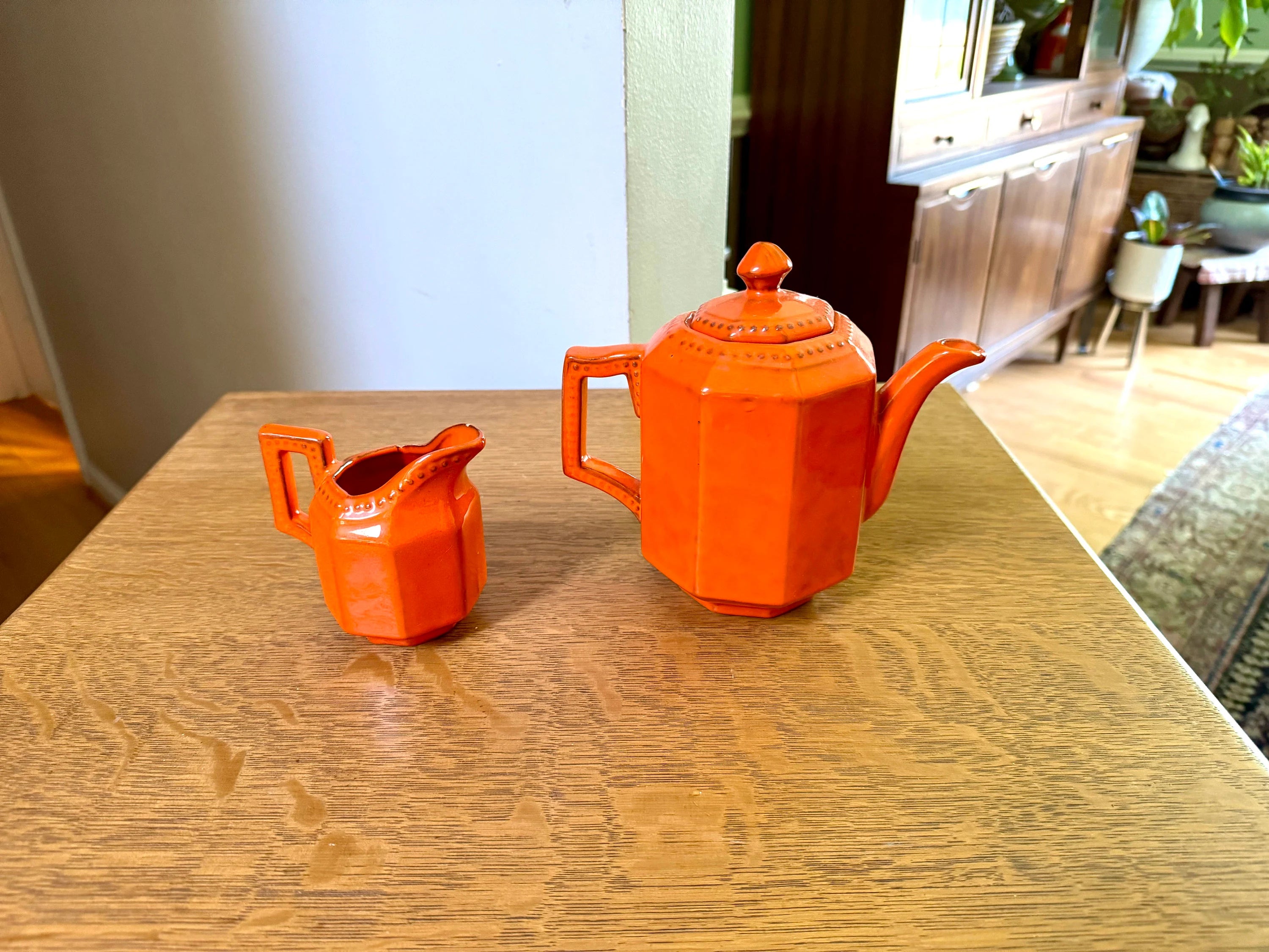 Vintage PV Italy Burnt Orange Ceramic Kettle and Creamer | Peasant Village Tea Pot and Creamer | Burnt Orange Italian Ceramic Kitchenware