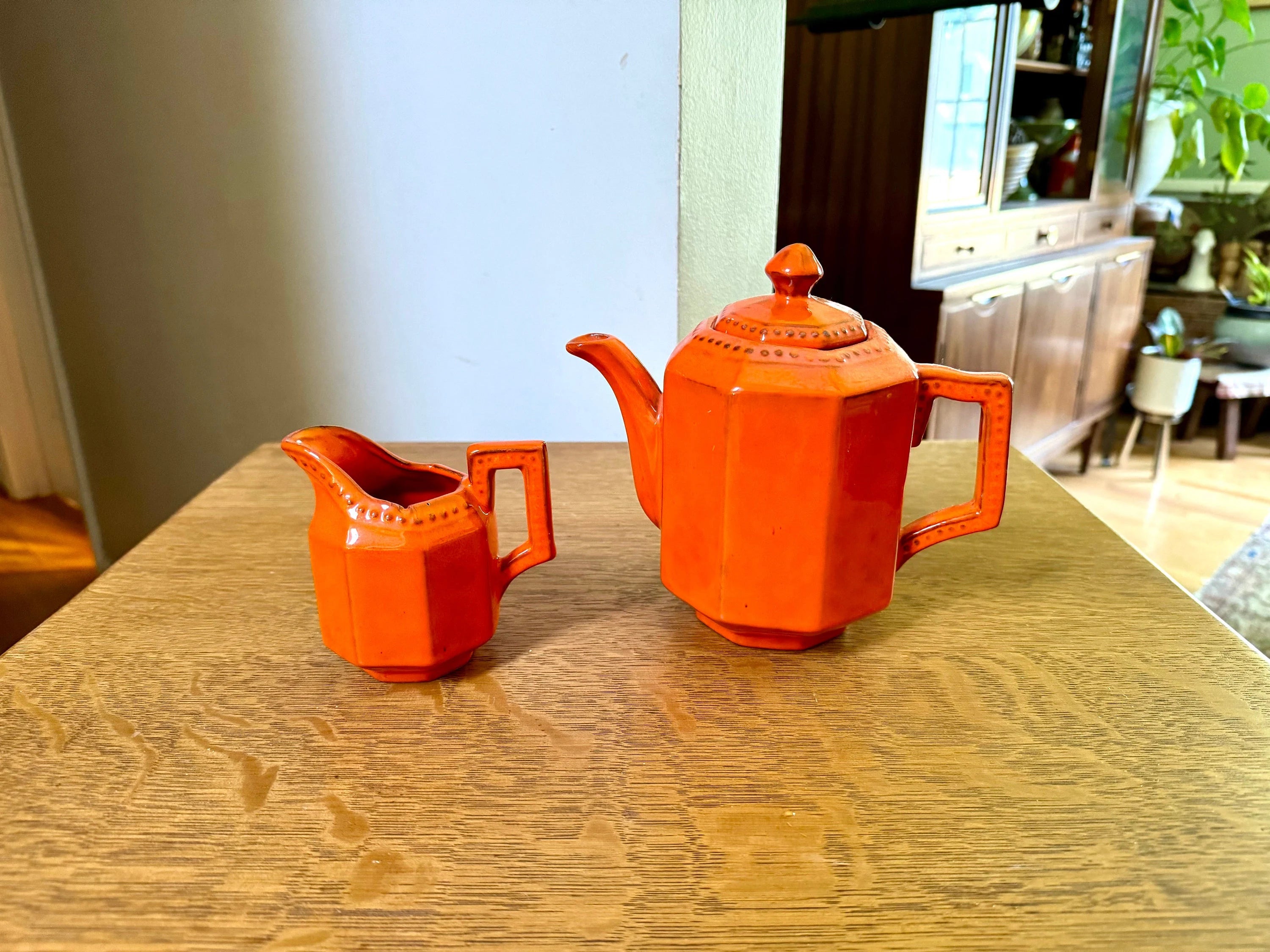 Vintage PV Italy Burnt Orange Ceramic Kettle and Creamer | Peasant Village Tea Pot and Creamer | Burnt Orange Italian Ceramic Kitchenware