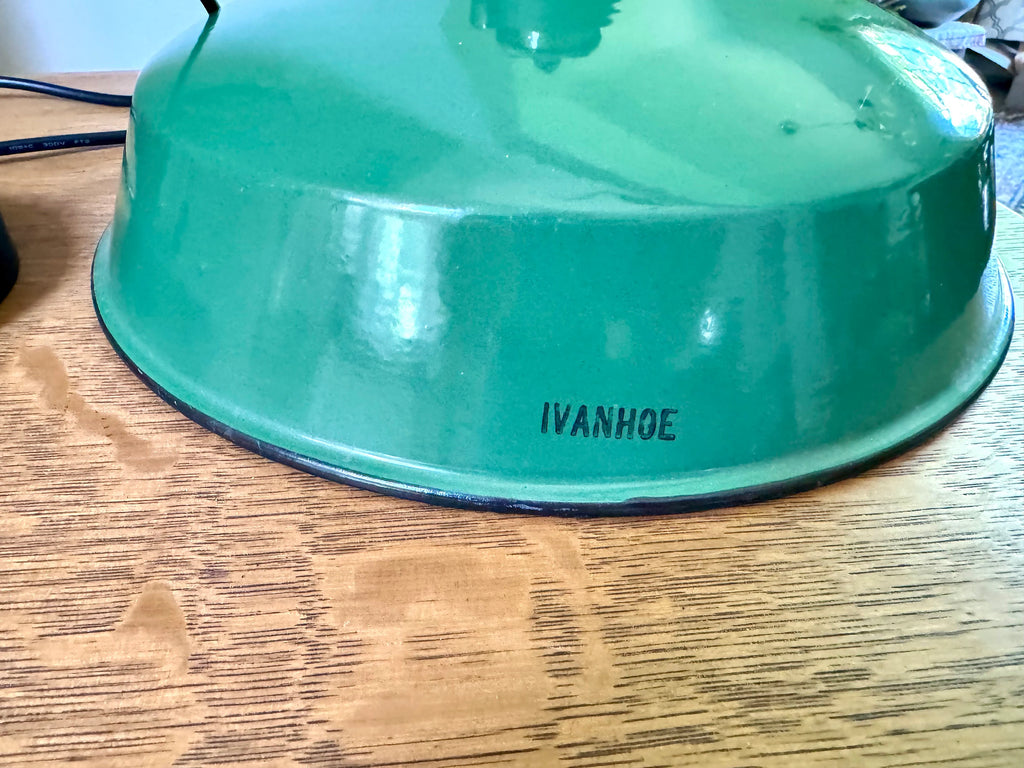 Vintage Green Enamel Metal shade Pendant Lamp | 12" Green Ivanhoe Dome 60 Lamp Pendant | Rewired Industrial Pendant Lamp | Ivanhoe Dome 60