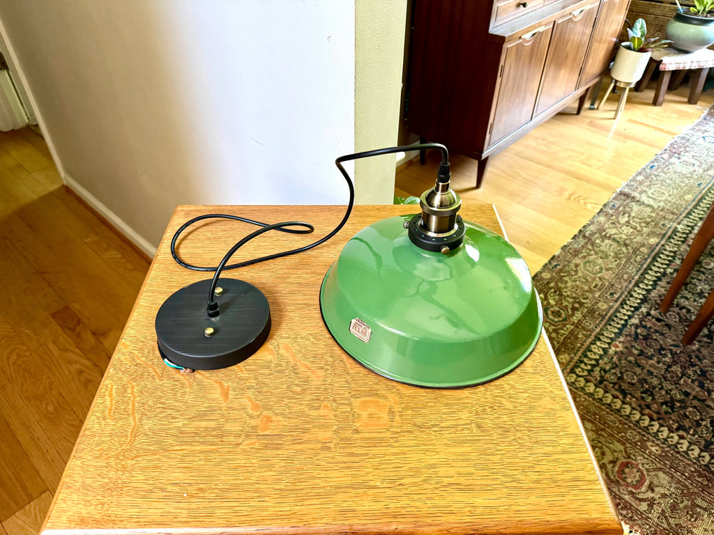 Vintage Green Enamel Metal shade Pendant Lamp | 12" Green Ivanhoe Dome 60 Lamp Pendant | Rewired Industrial Pendant Lamp | Ivanhoe Dome 60