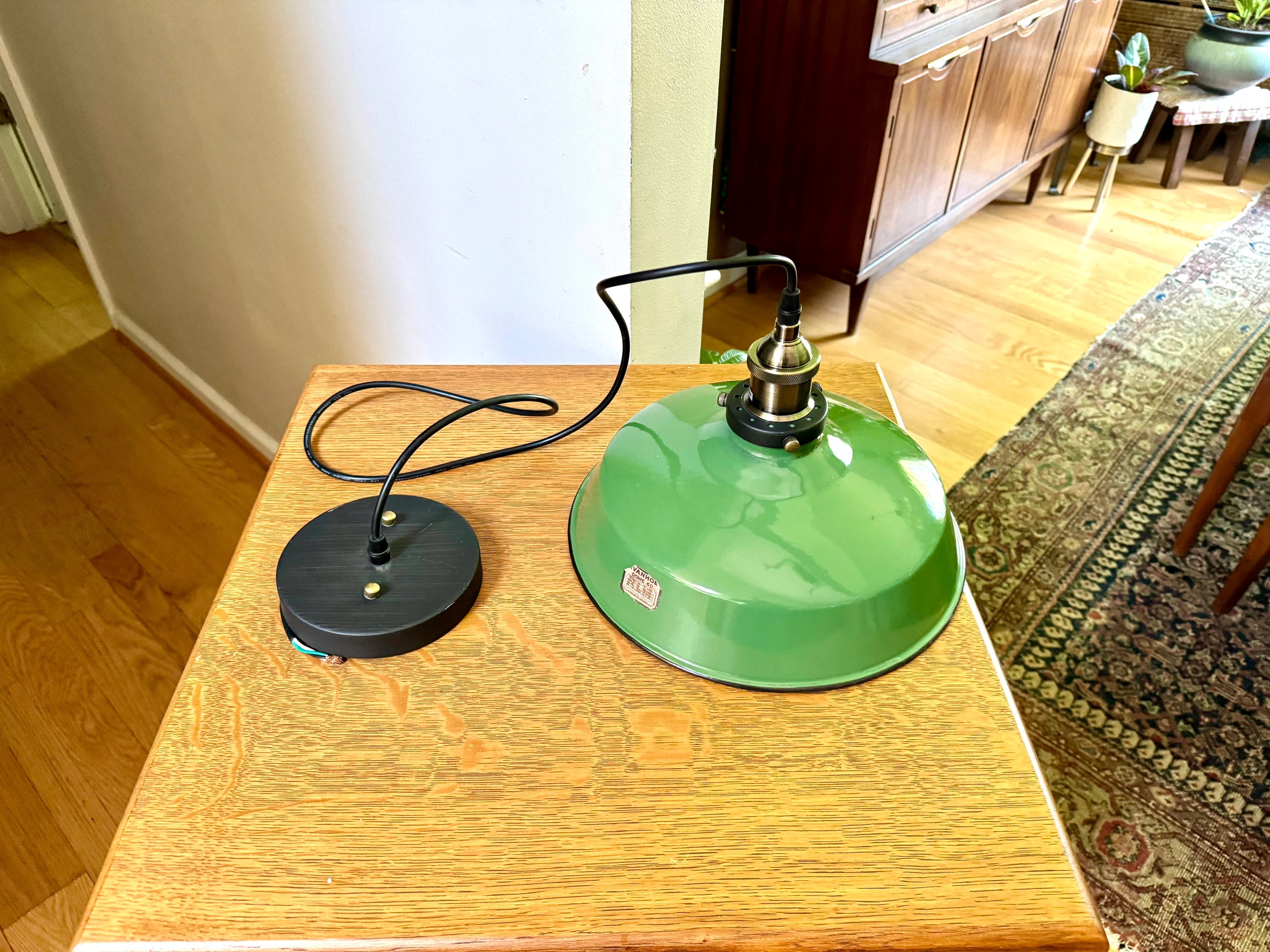 Vintage Green Enamel Metal shade Pendant Lamp | 12" Green Ivanhoe Dome 60 Lamp Pendant | Rewired Industrial Pendant Lamp | Ivanhoe Dome 60