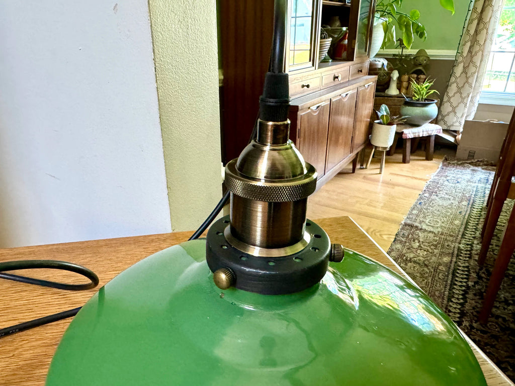 Vintage Green Enamel Metal shade Pendant Lamp | 12" Green Ivanhoe Dome 60 Lamp Pendant | Rewired Industrial Pendant Lamp | Ivanhoe Dome 60