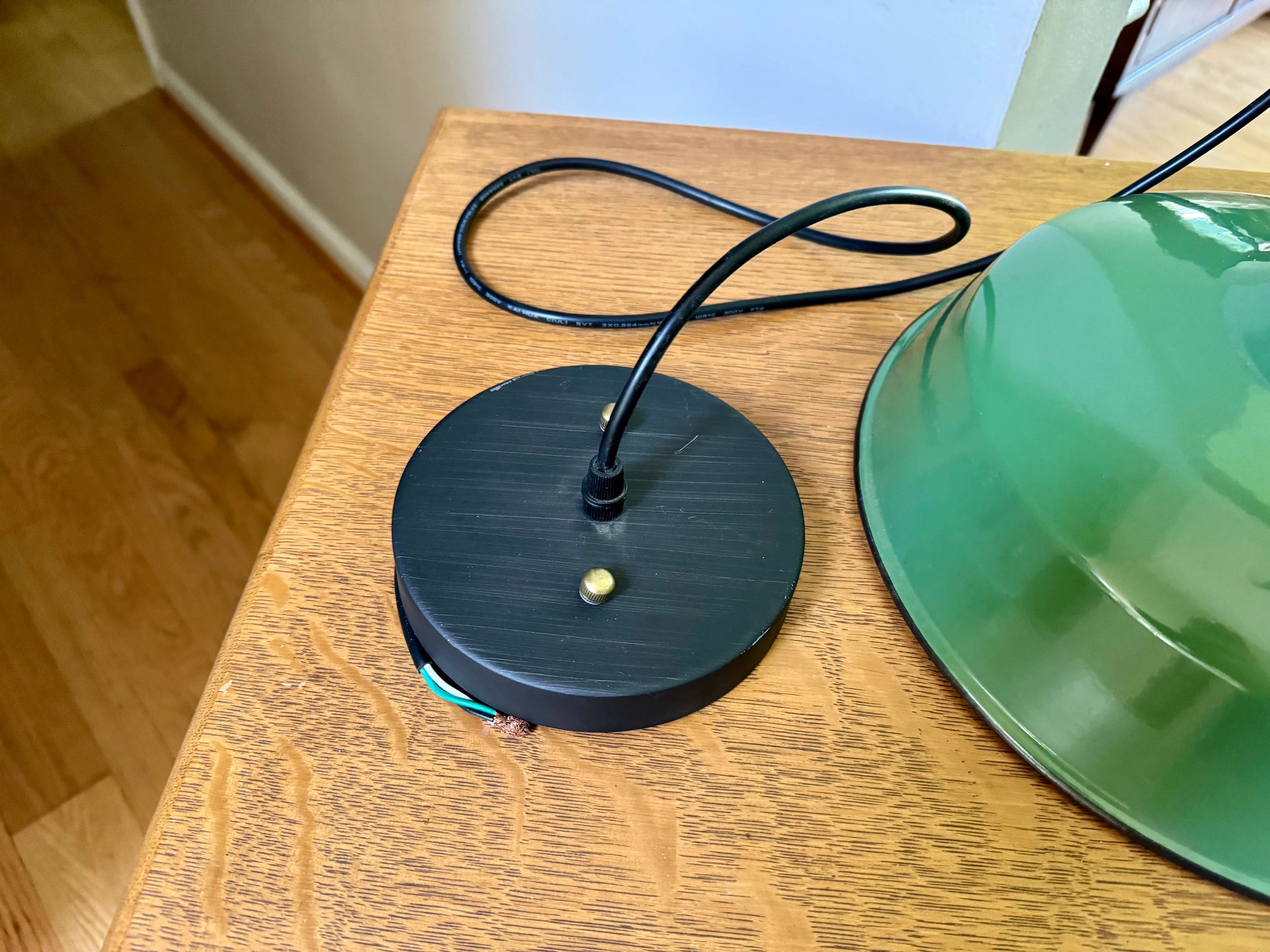 Vintage Green Enamel Metal shade Pendant Lamp | 12" Green Ivanhoe Dome 60 Lamp Pendant | Rewired Industrial Pendant Lamp | Ivanhoe Dome 60