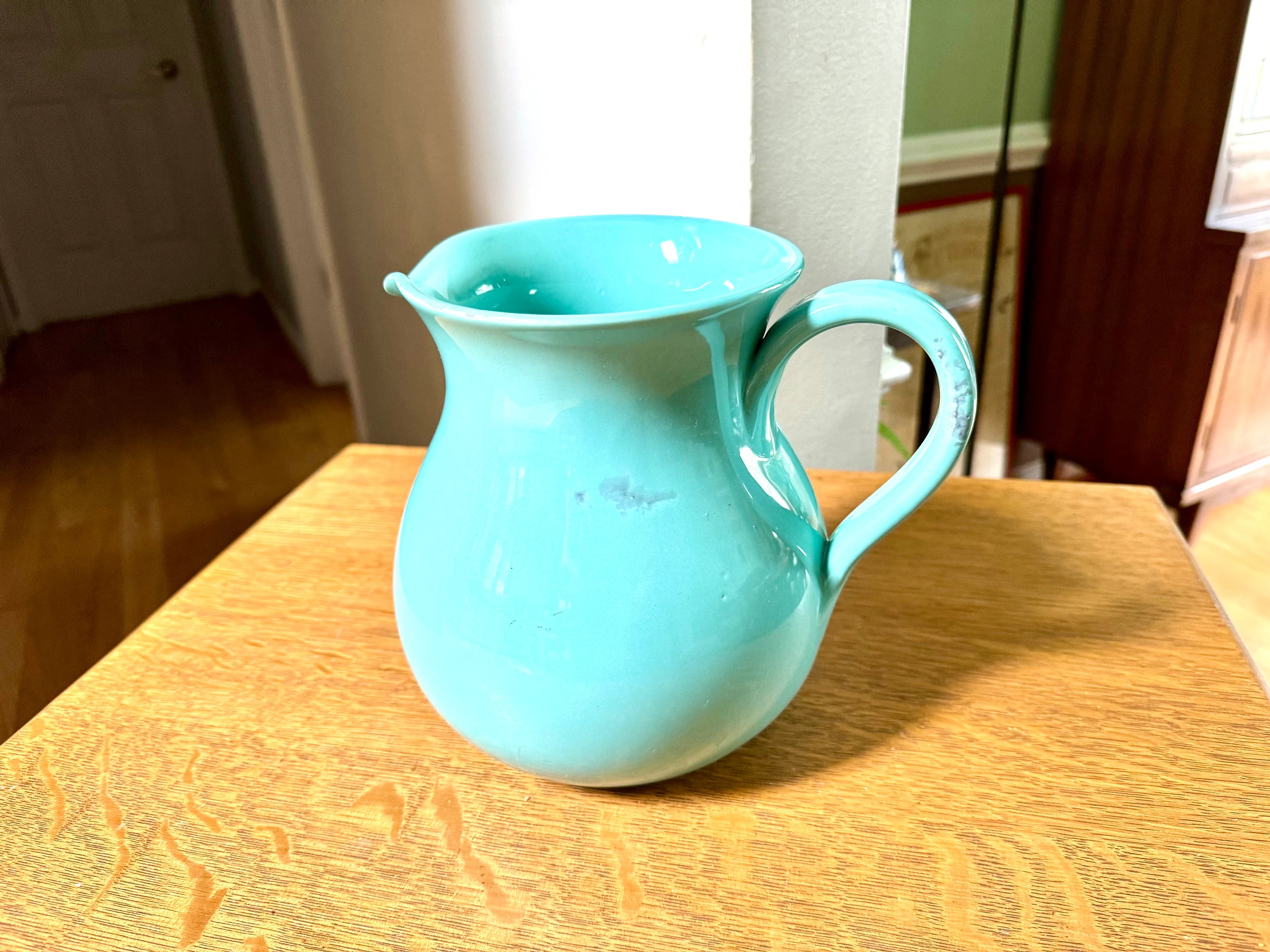 A Vintage Fortunata Italian Ceramic Pitcher | Turquoise Fortunata Pitcher | Textured Turquoise Ceramic Pitcher | Hand Made Italian Pitcher