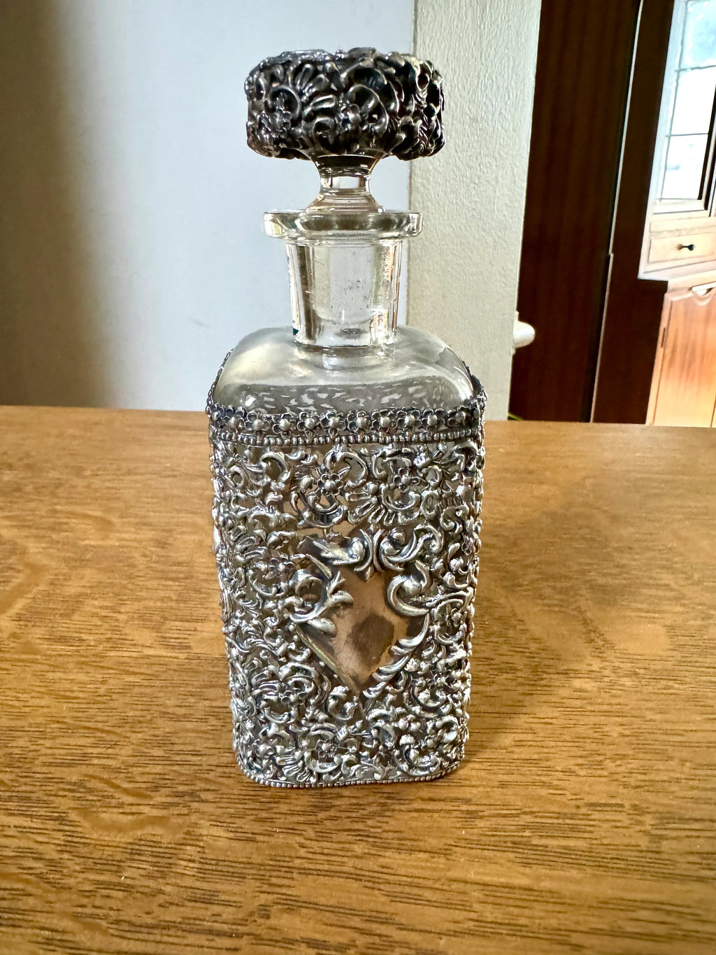 Antique Metal Filigree Perfume Bottle | Ornate Metal Overlay Perfume Bottle | Metal Filigree Decanter Bottle