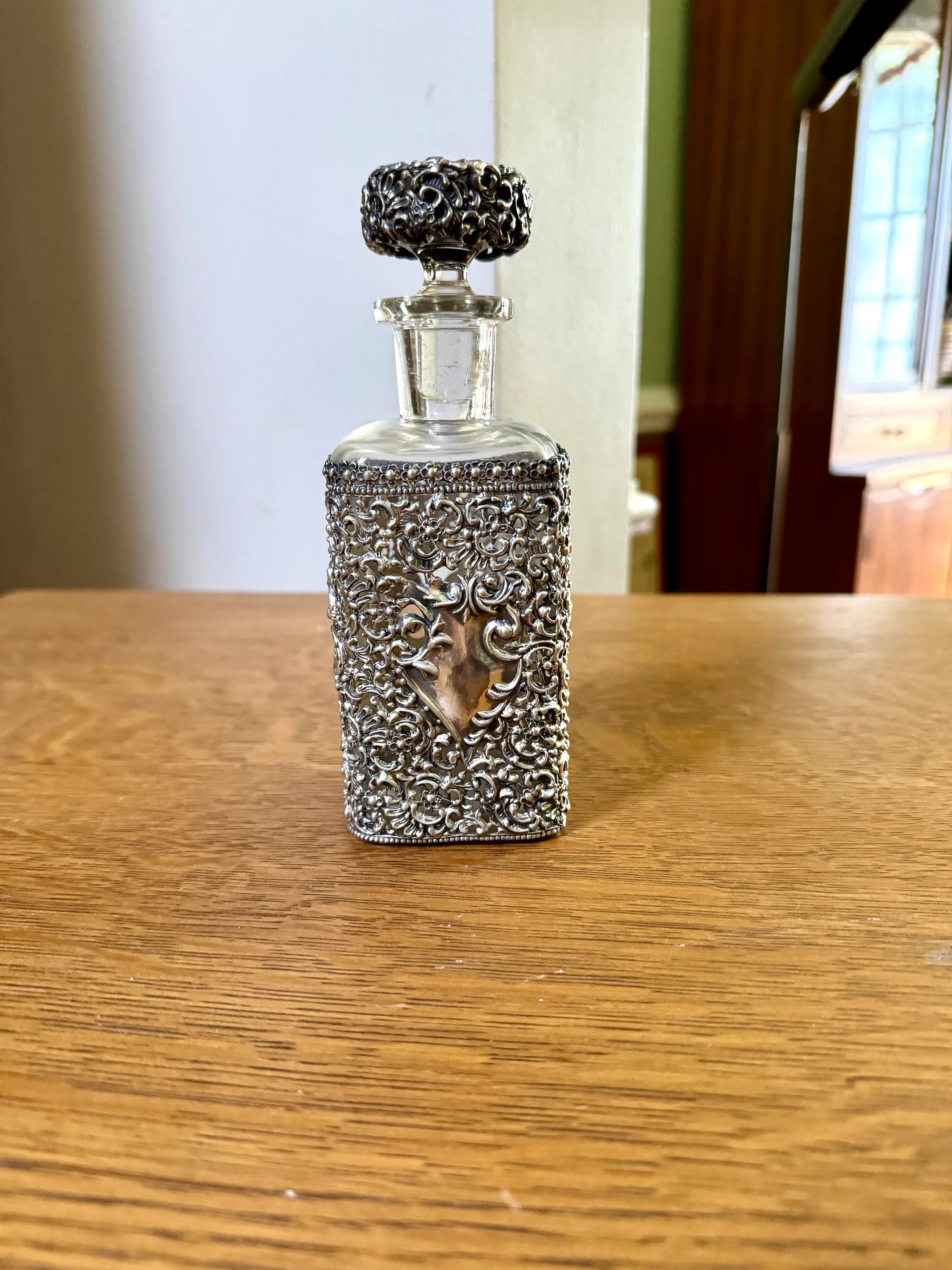 Antique Metal Filigree Perfume Bottle | Ornate Metal Overlay Perfume Bottle | Metal Filigree Decanter Bottle