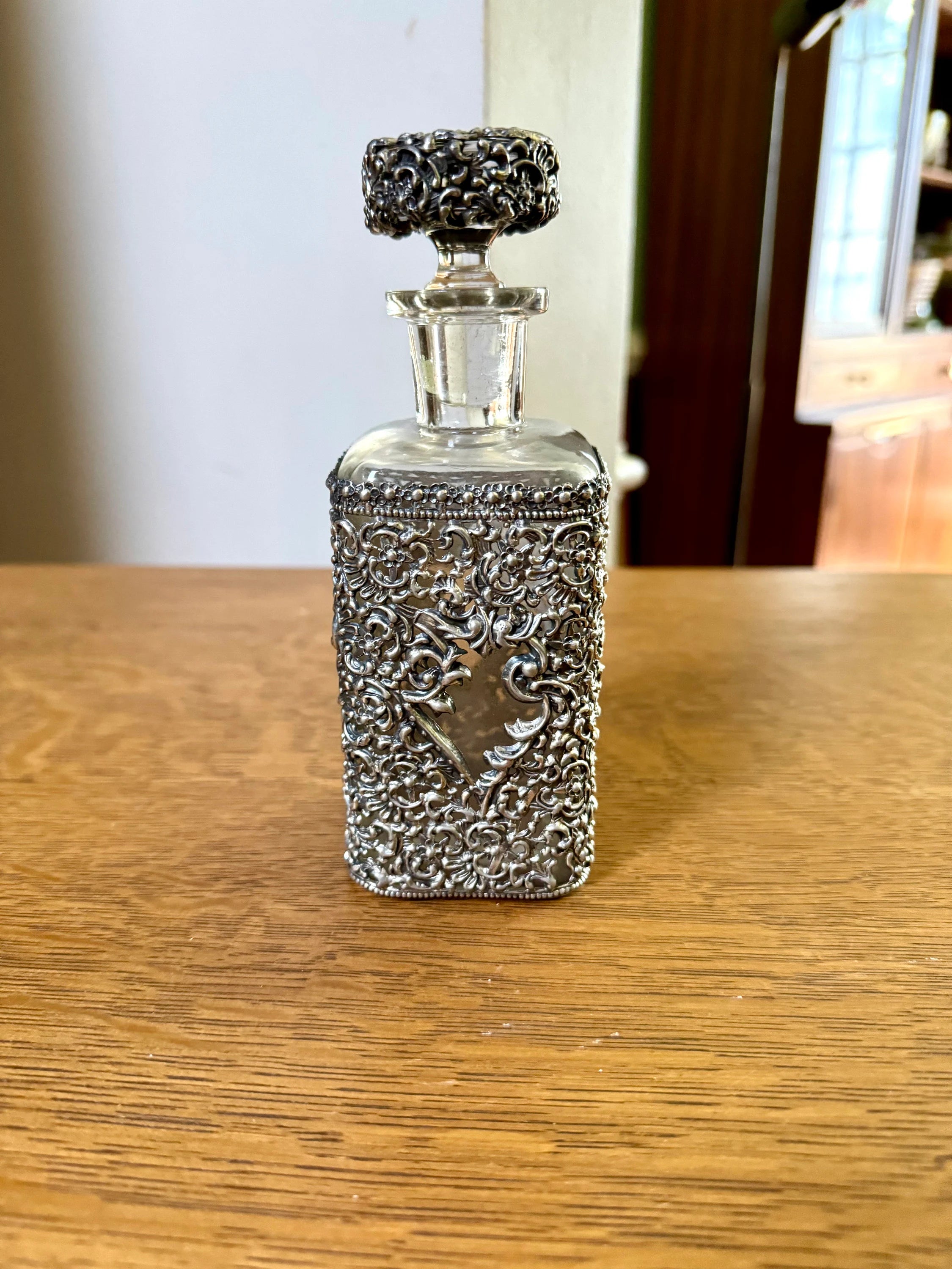 Antique Metal Filigree Perfume Bottle | Ornate Metal Overlay Perfume Bottle | Metal Filigree Decanter Bottle