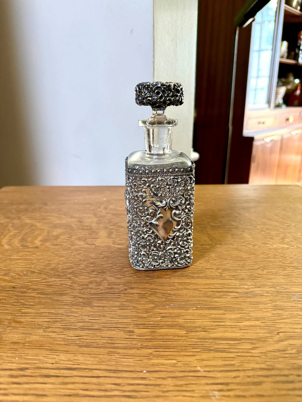 Antique Metal Filigree Perfume Bottle | Ornate Metal Overlay Perfume Bottle | Metal Filigree Decanter Bottle