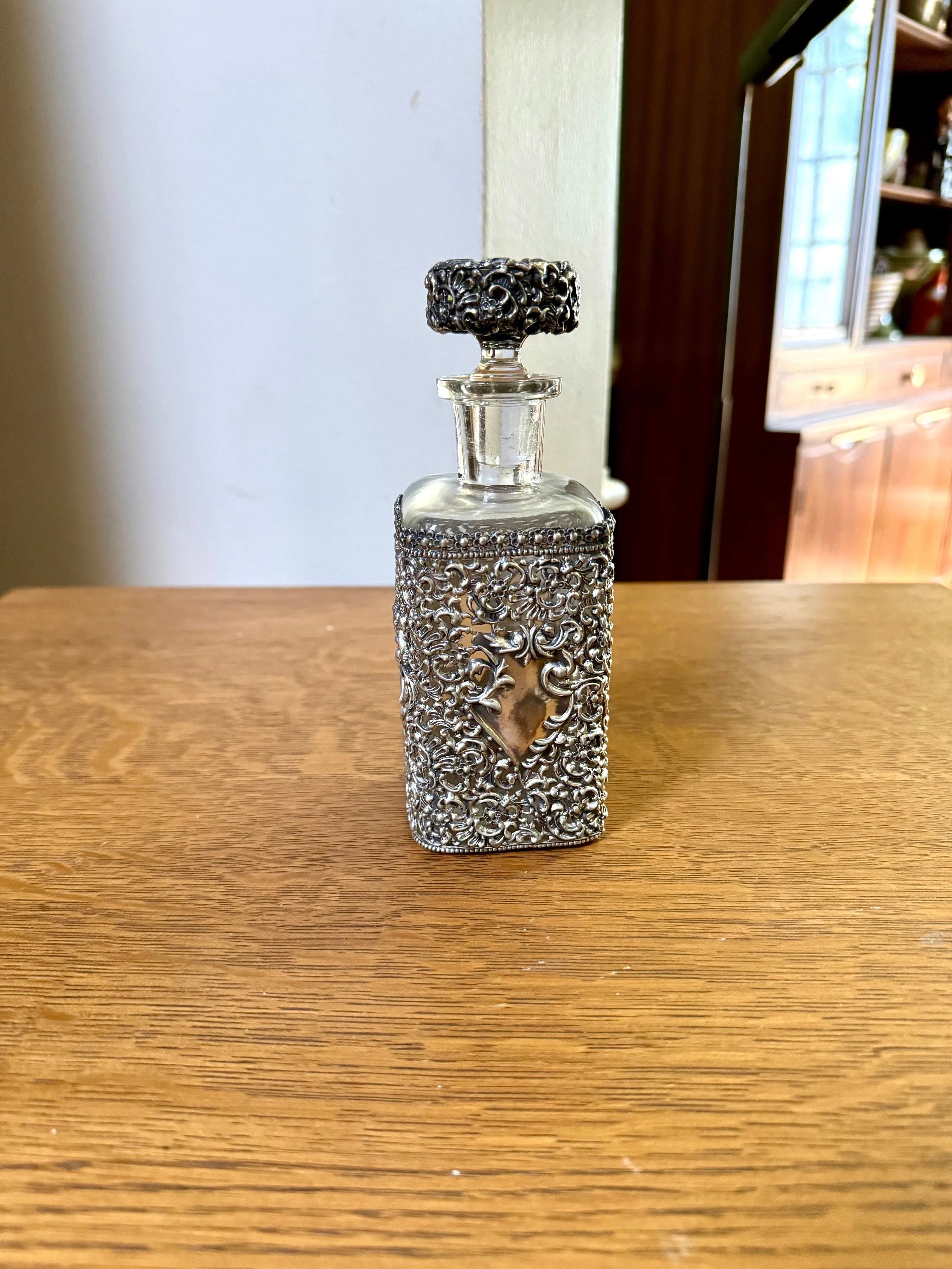 Antique Metal Filigree Perfume Bottle | Ornate Metal Overlay Perfume Bottle | Metal Filigree Decanter Bottle