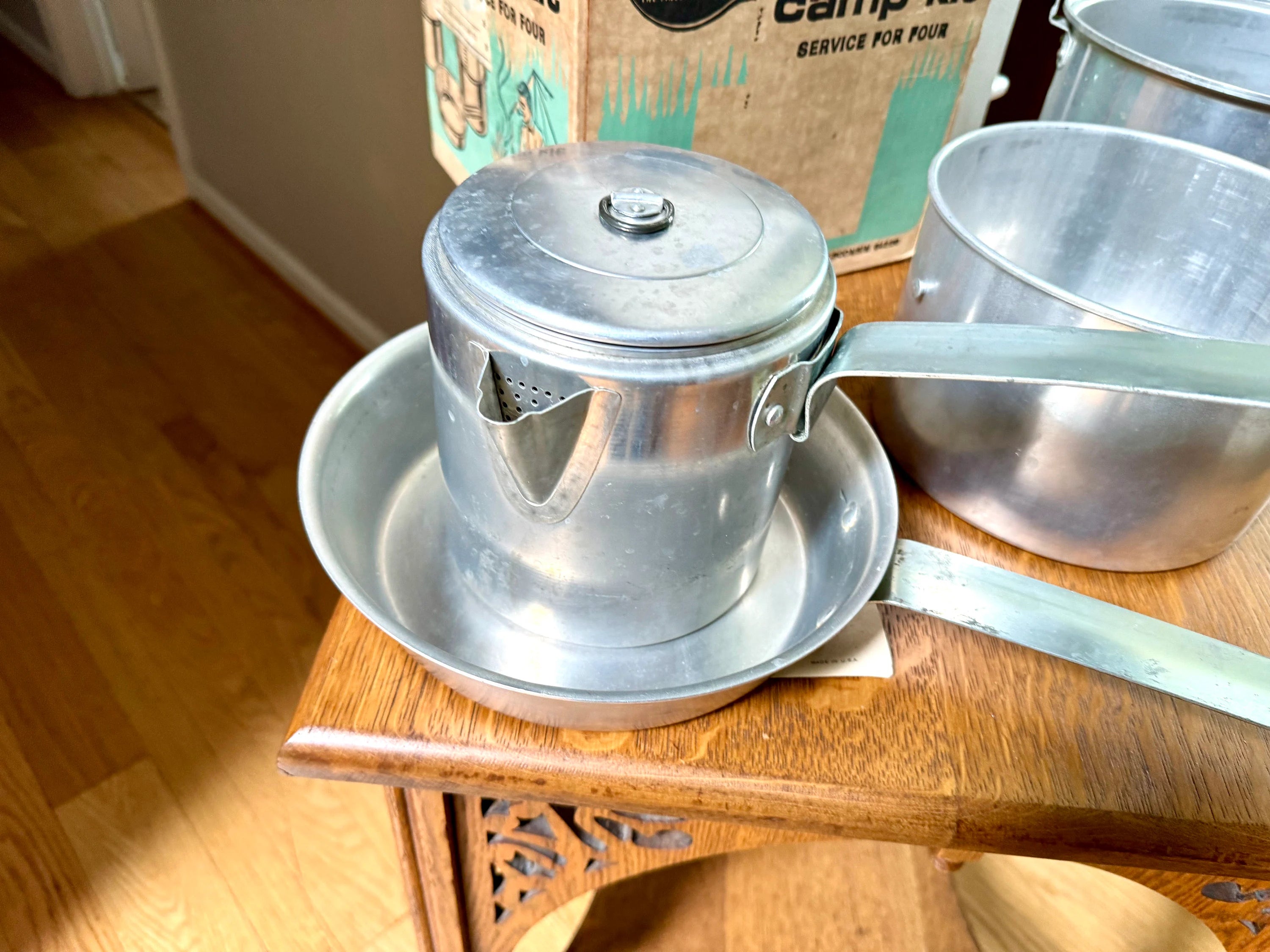 Vintage Mirro M-4352 Aluminum Camp Kit | 12 Piece Camping Cooking Set | Aluminum Camp Cook Set | Nesting Camping Pots and Pans