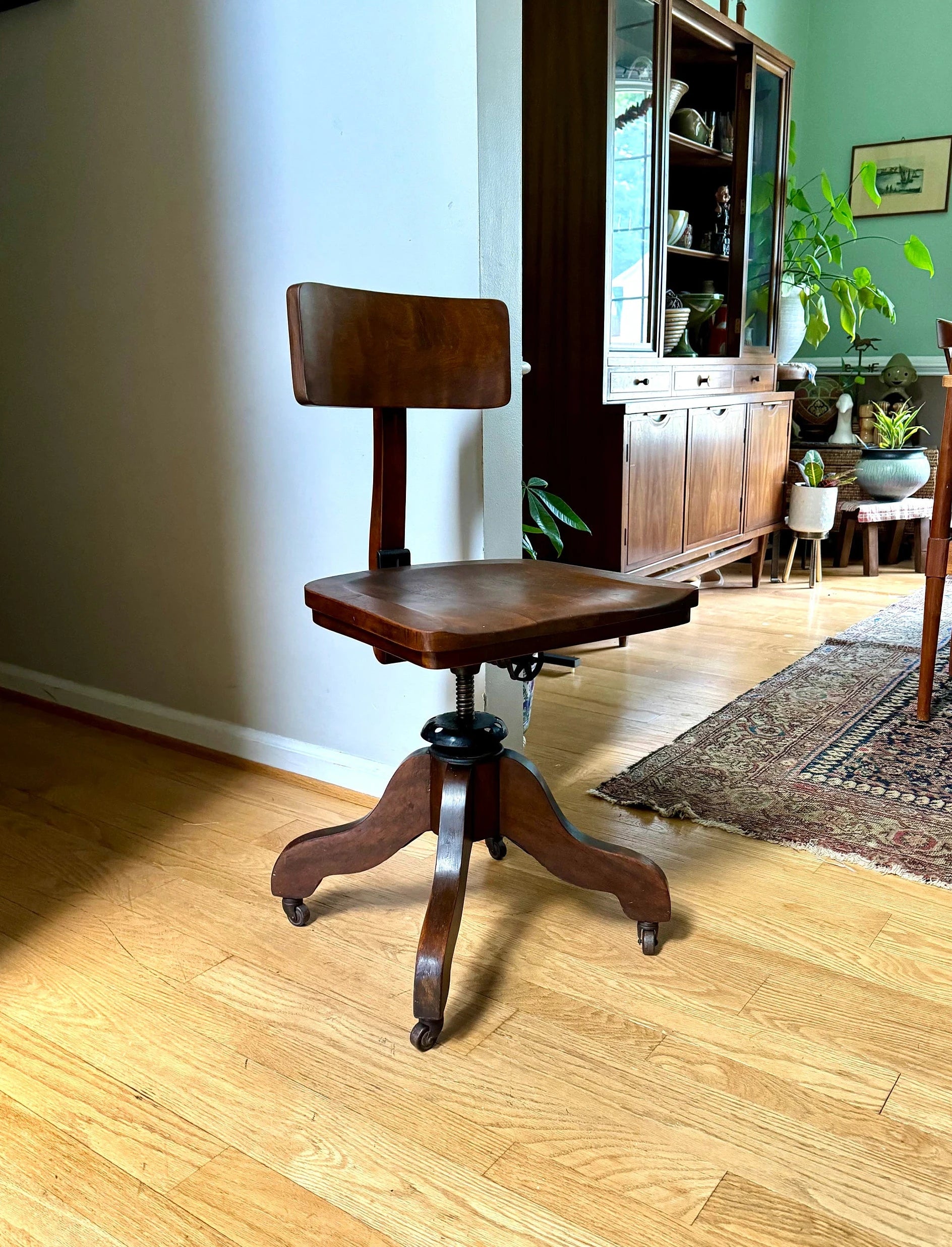 Vintage Solid Wood Desk Chair | Wooden Swivel Chair | Sikes Co. Wood Industrial Chair | Old Library Chair| Rustic Caster Chair | Adjustable Chair