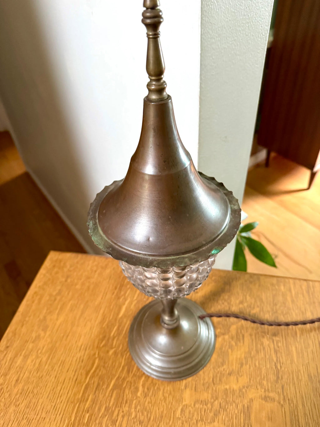 Vtg Brass Lantern Lamp | Distressed Brass Glass Globe Lamp | Rewired Distressed Lamp | Boho Brass Lamp