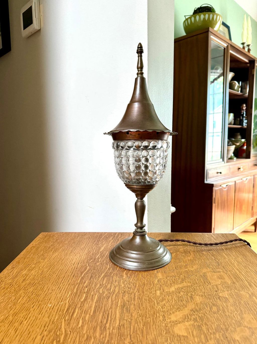 Vtg Brass Lantern Lamp | Distressed Brass Glass Globe Lamp | Rewired Distressed Lamp | Boho Brass Lamp