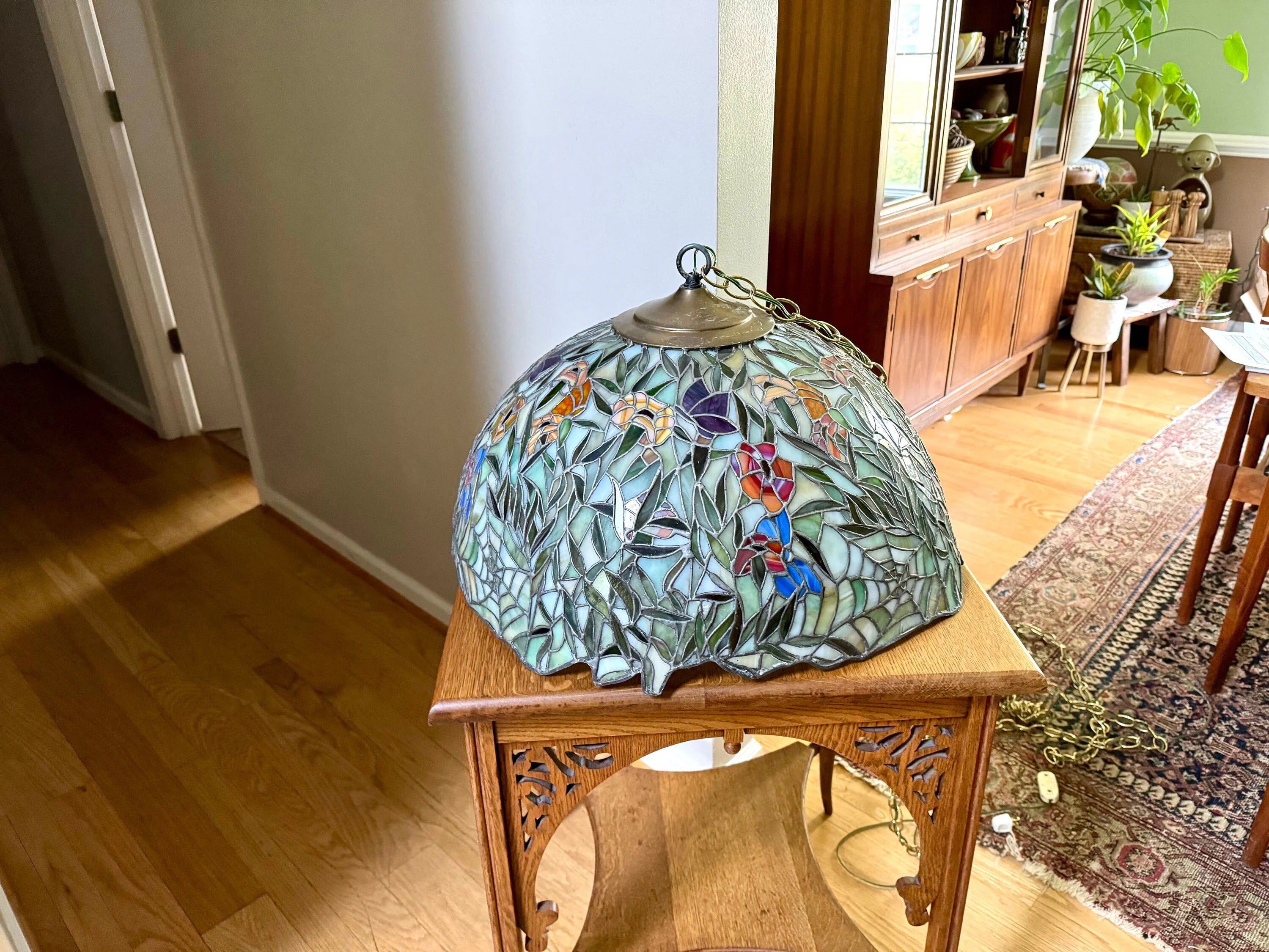Vintage Large Lead Stained Glass Chandelier | HT Tiffany Style Cob Web Stained Glass Hanging Lamp | 23" Stained Glass Floral Pendant Lamp