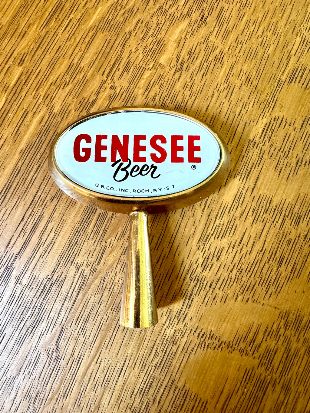 Gold Genesee Beer Tab Handle | Oval Genesee Beer Tap Handle | Red and White Genessee Beer Tap Handle | Bar Decor