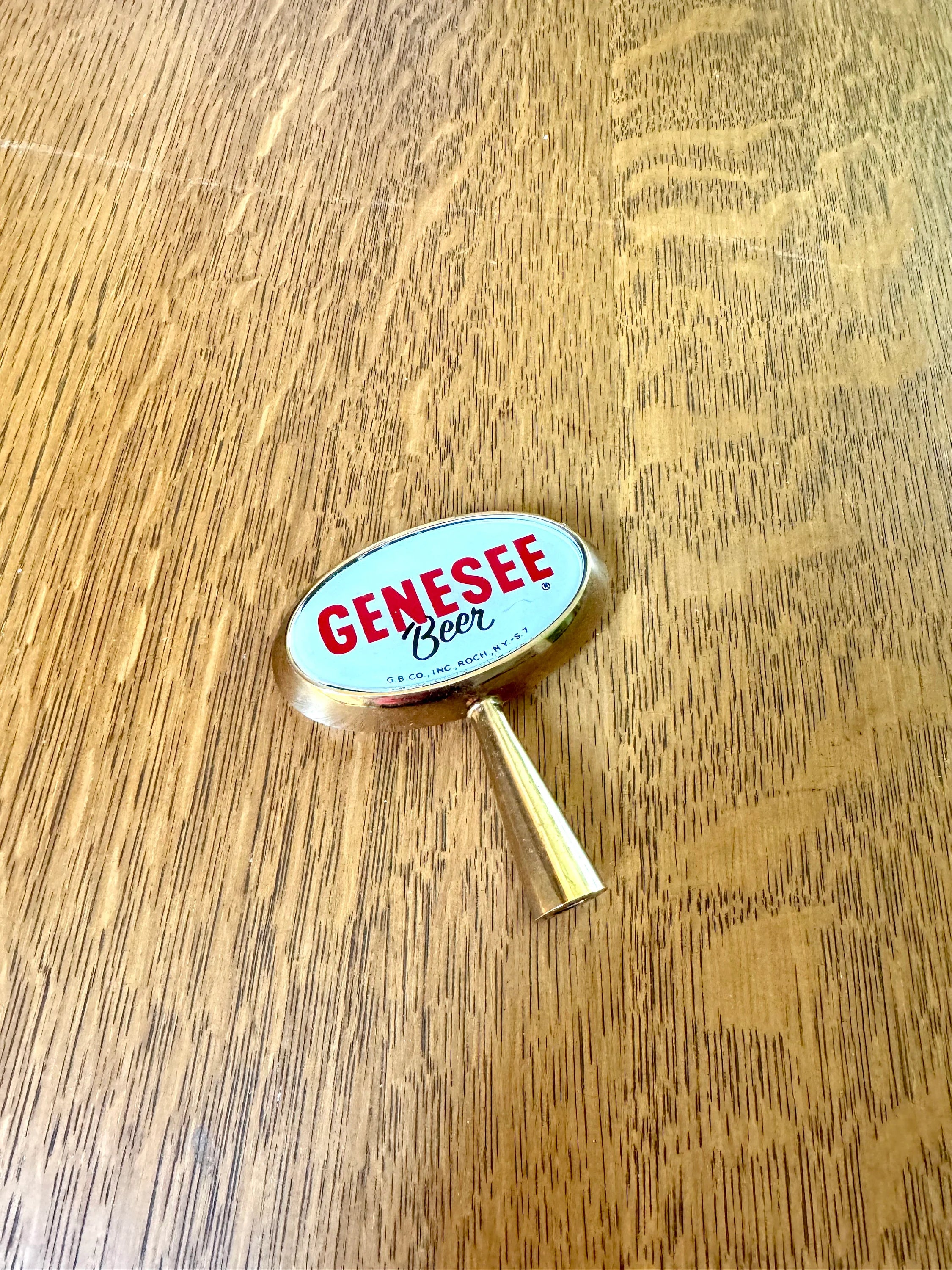 Gold Genesee Beer Tab Handle | Oval Genesee Beer Tap Handle | Red and White Genessee Beer Tap Handle | Bar Decor