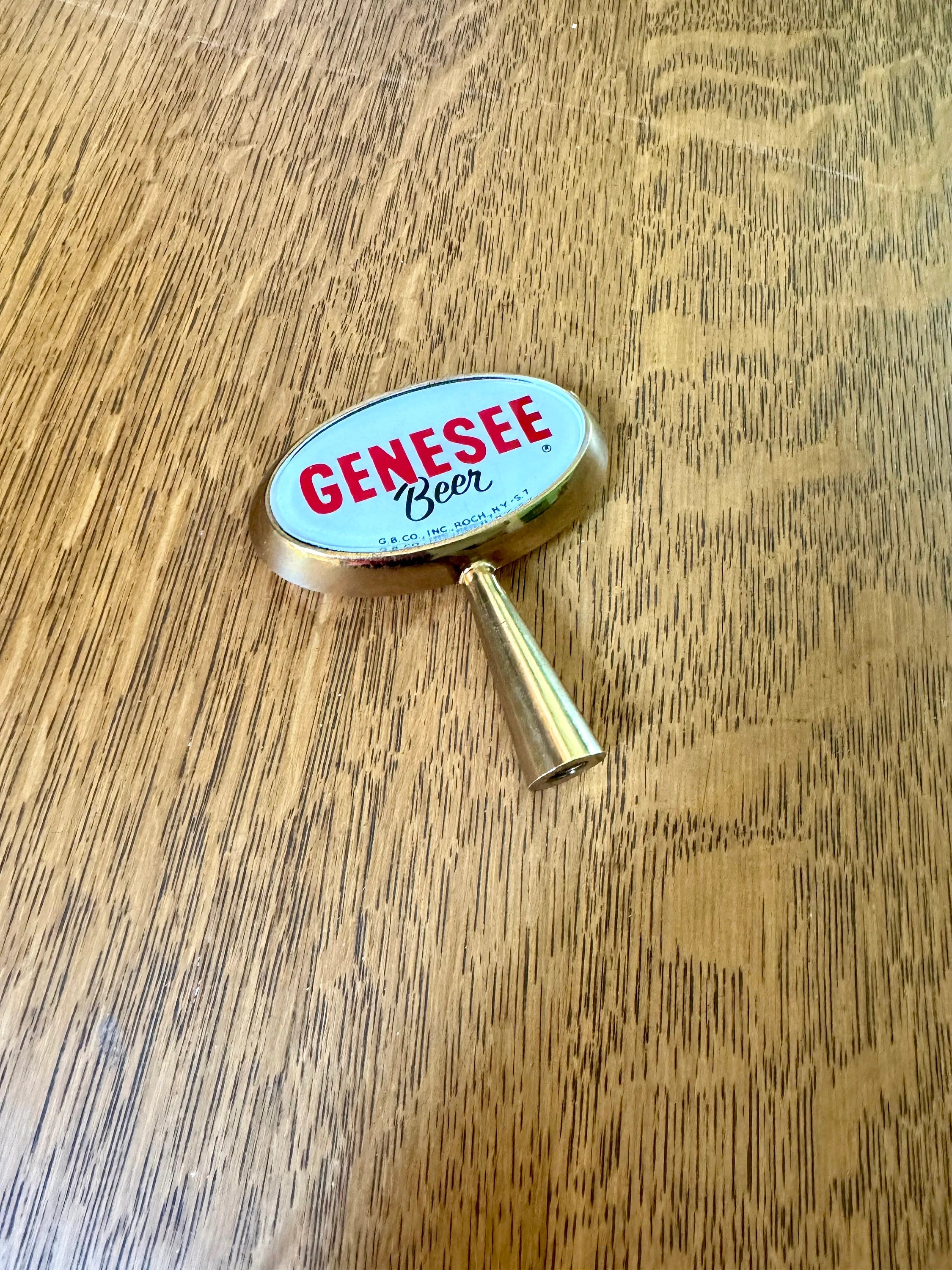 Gold Genesee Beer Tab Handle | Oval Genesee Beer Tap Handle | Red and White Genessee Beer Tap Handle | Bar Decor