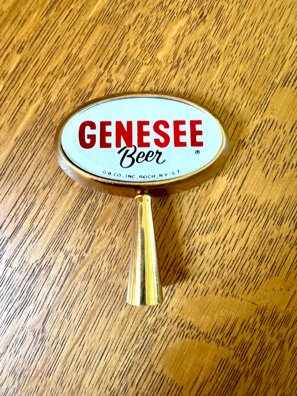 Gold Genesee Beer Tab Handle | Oval Genesee Beer Tap Handle | Red and White Genessee Beer Tap Handle | Bar Decor