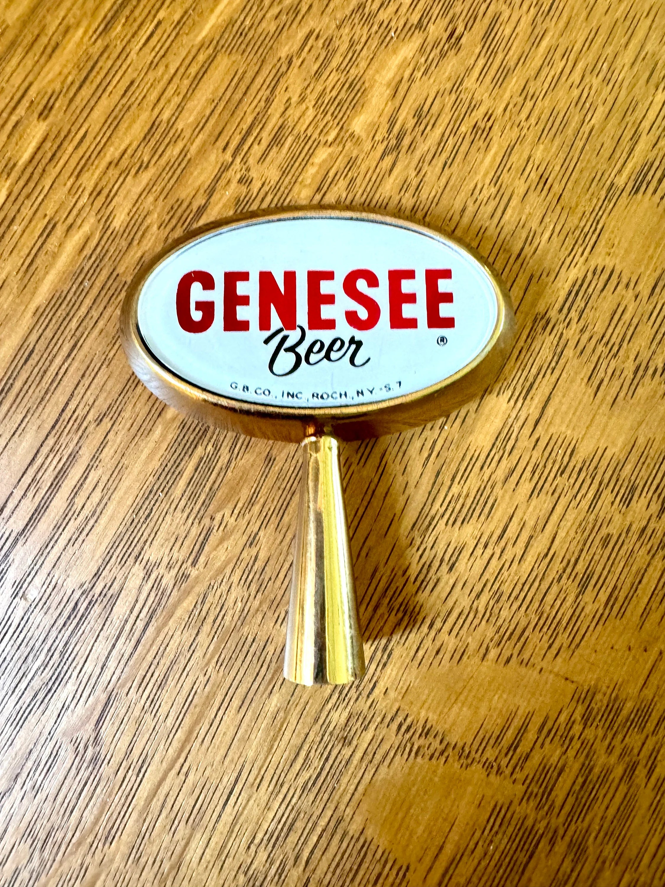 Gold Genesee Beer Tab Handle | Oval Genesee Beer Tap Handle | Red and White Genessee Beer Tap Handle | Bar Decor