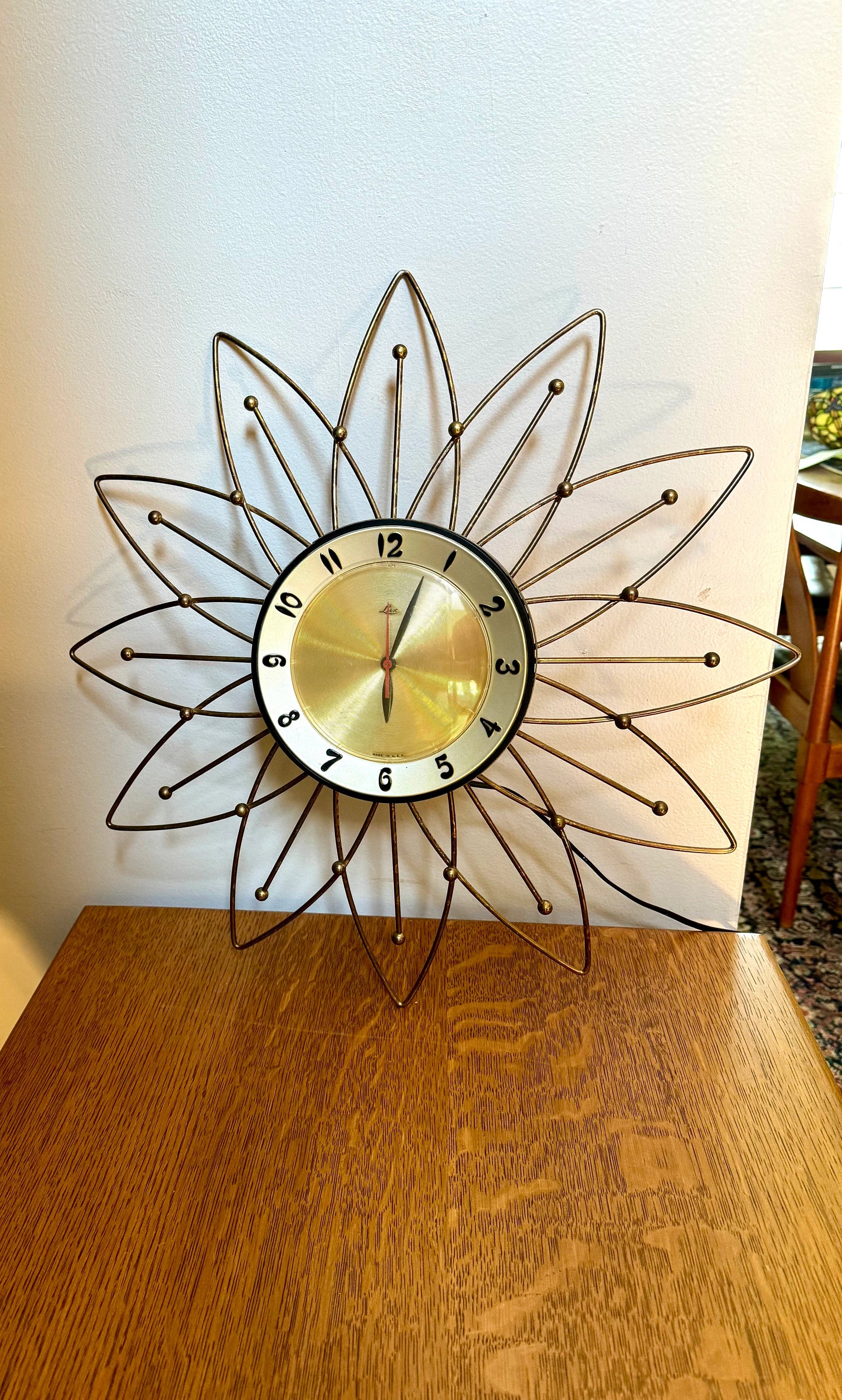 Vintage Lux Starburst Wall Clock | Gold Sunburst Electric Wall Clock | Mid Century Modern Wall Clock | Brass Atomic Wall Clock
