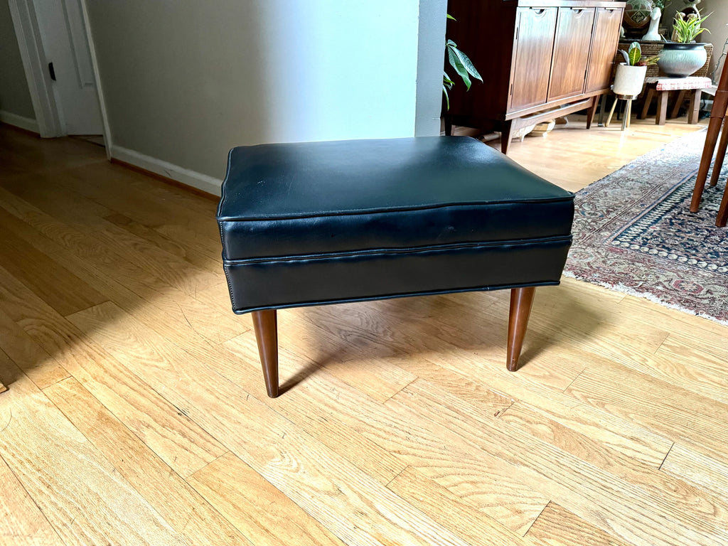 Mid Century Black Ottoman | Rectangle Faux Leather Foot Stool | Black Vinyl Ottoman | Danish Modern Decor | Wood Legged Footstool| MCM Stool
