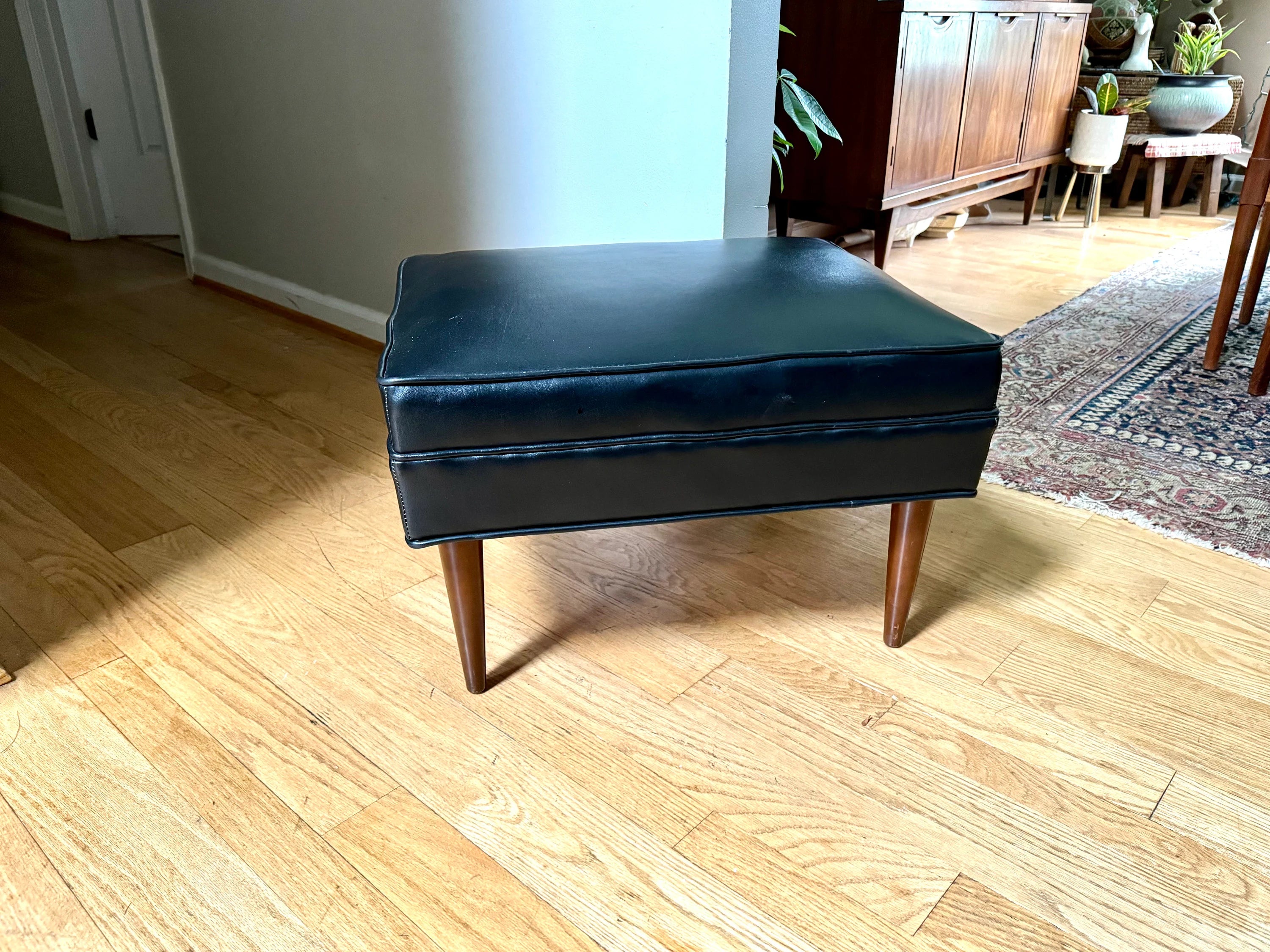 Mid Century Black Ottoman | Rectangle Faux Leather Foot Stool | Black Vinyl Ottoman | Danish Modern Decor | Wood Legged Footstool| MCM Stool
