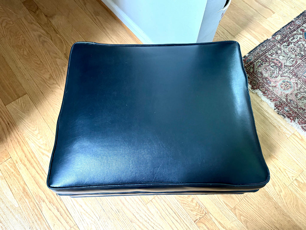 Mid Century Black Ottoman | Rectangle Faux Leather Foot Stool | Black Vinyl Ottoman | Danish Modern Decor | Wood Legged Footstool| MCM Stool