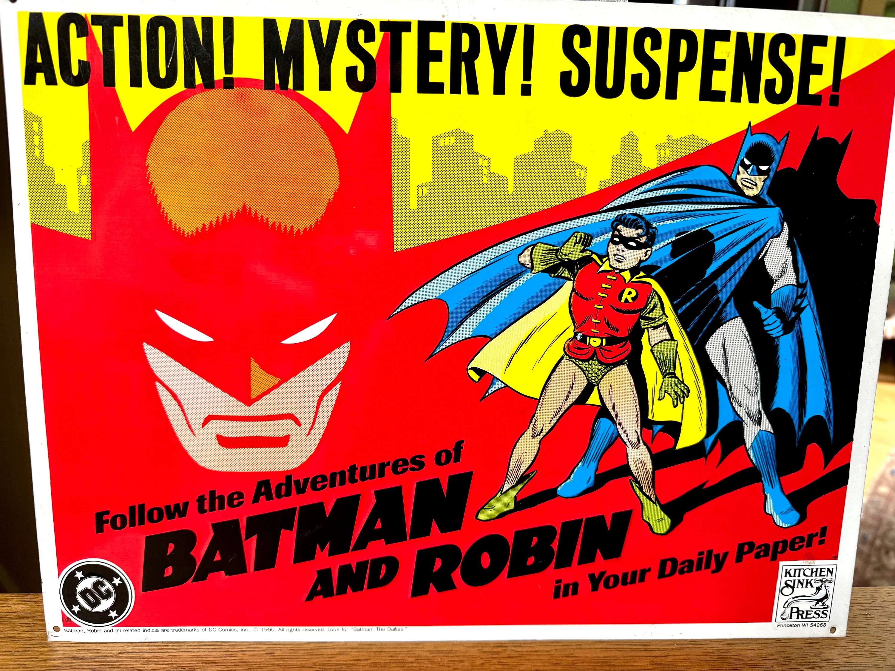 Vintage Batman and Robin Metal Sign | 1990's Metal Batman Sign | DC Comics Metal Batman and Robin Sign | Kitchen Sink Productions