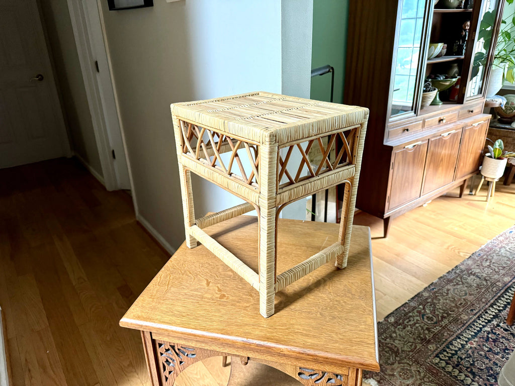Vintage Small Wicker End Table | Small Wicker Plant Stand | Wicker Night Stand | Small Rattan Table