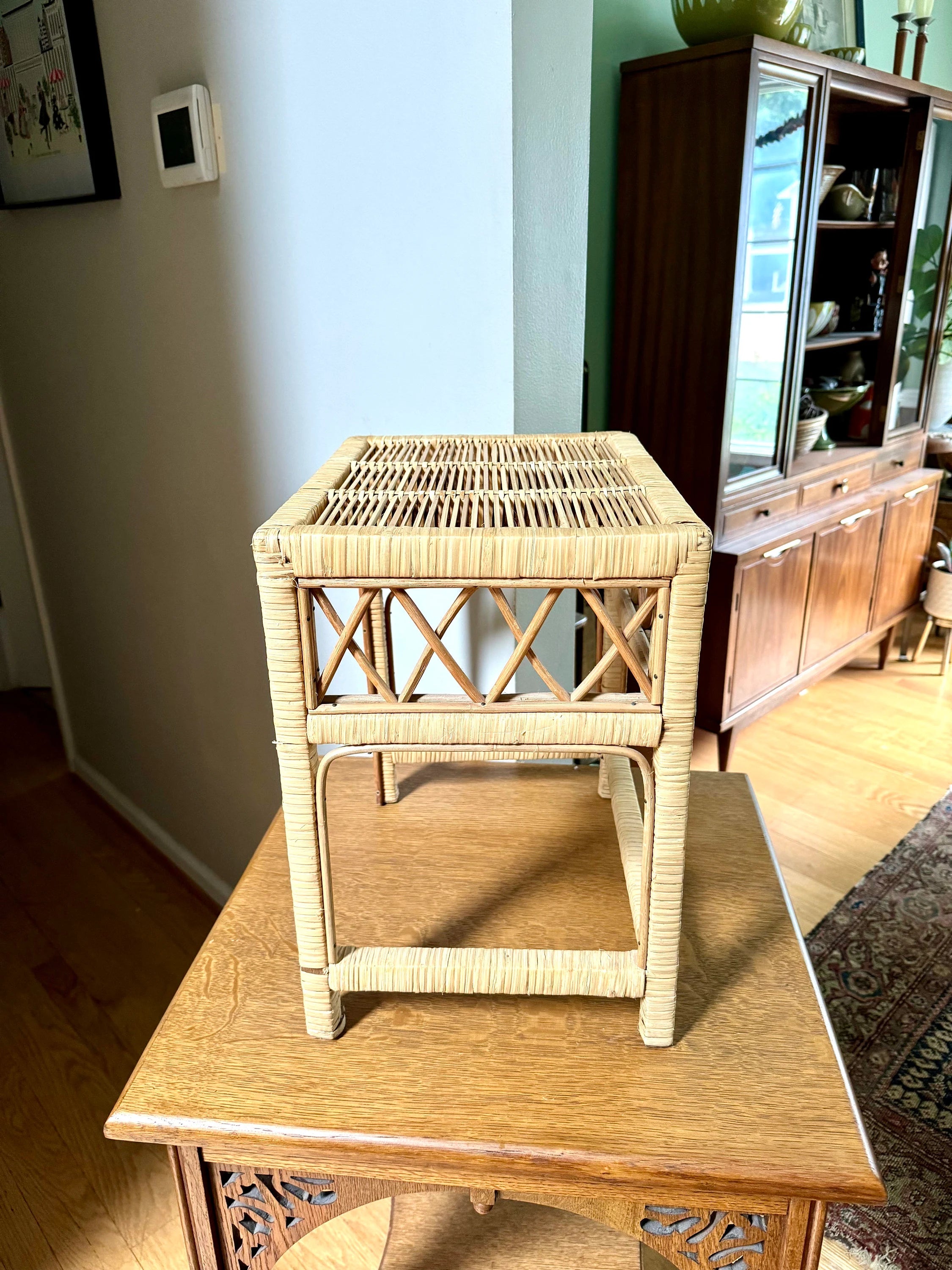Vintage Small Wicker End Table | Small Wicker Plant Stand | Wicker Night Stand | Small Rattan Table